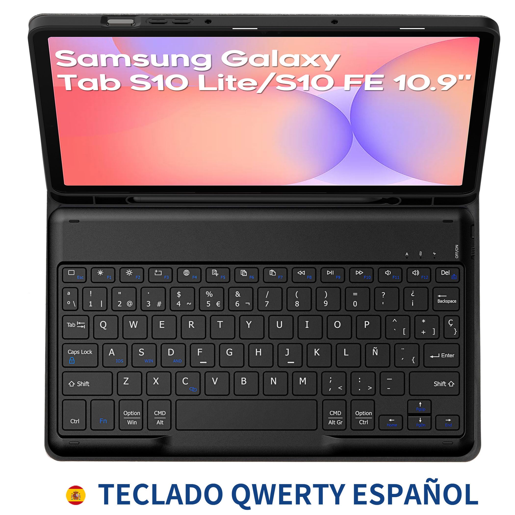 EasyAcc Funda con Teclado para Samsung Galaxy Tab S10 Lite 5G / S10 FE / S9 FE / S9 10.9" / 11" (2025/2023) con Película, Teclado Español Ñ Bluetooth Desmontable, Negro