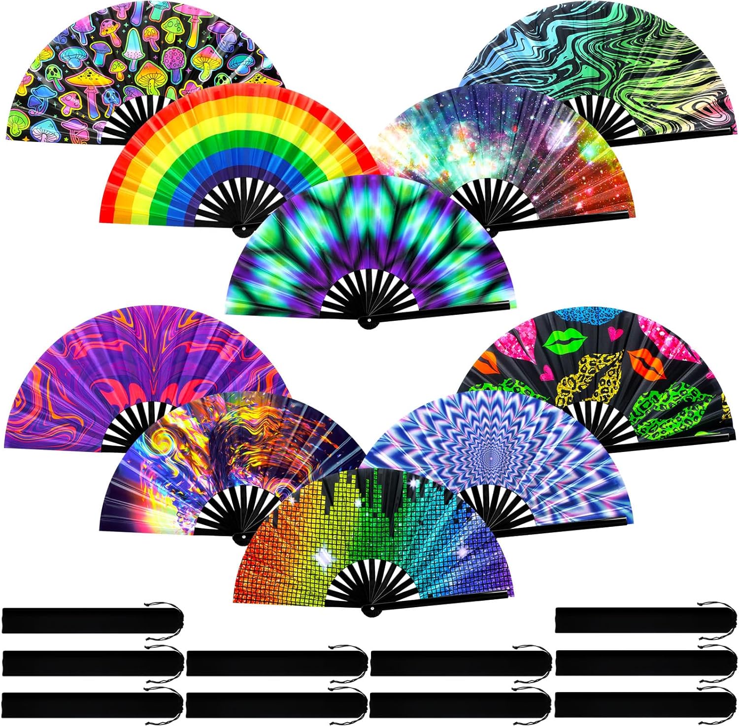 Pinkunn 10 Pcs UV Glow Large Rave Hand Folding Fan with Bamboo Ribs and Case Craft Rave Rainbow Hand Fan for Drag Queen Dance Music Festival Party Gifts(Classic)