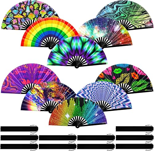 Miniatura 8 de Pinkunn 10 ventiladores plegables de mano con rayos UV con varillas de bambú y funda, abanico de mano de arco iris para regalos de fiesta de baile