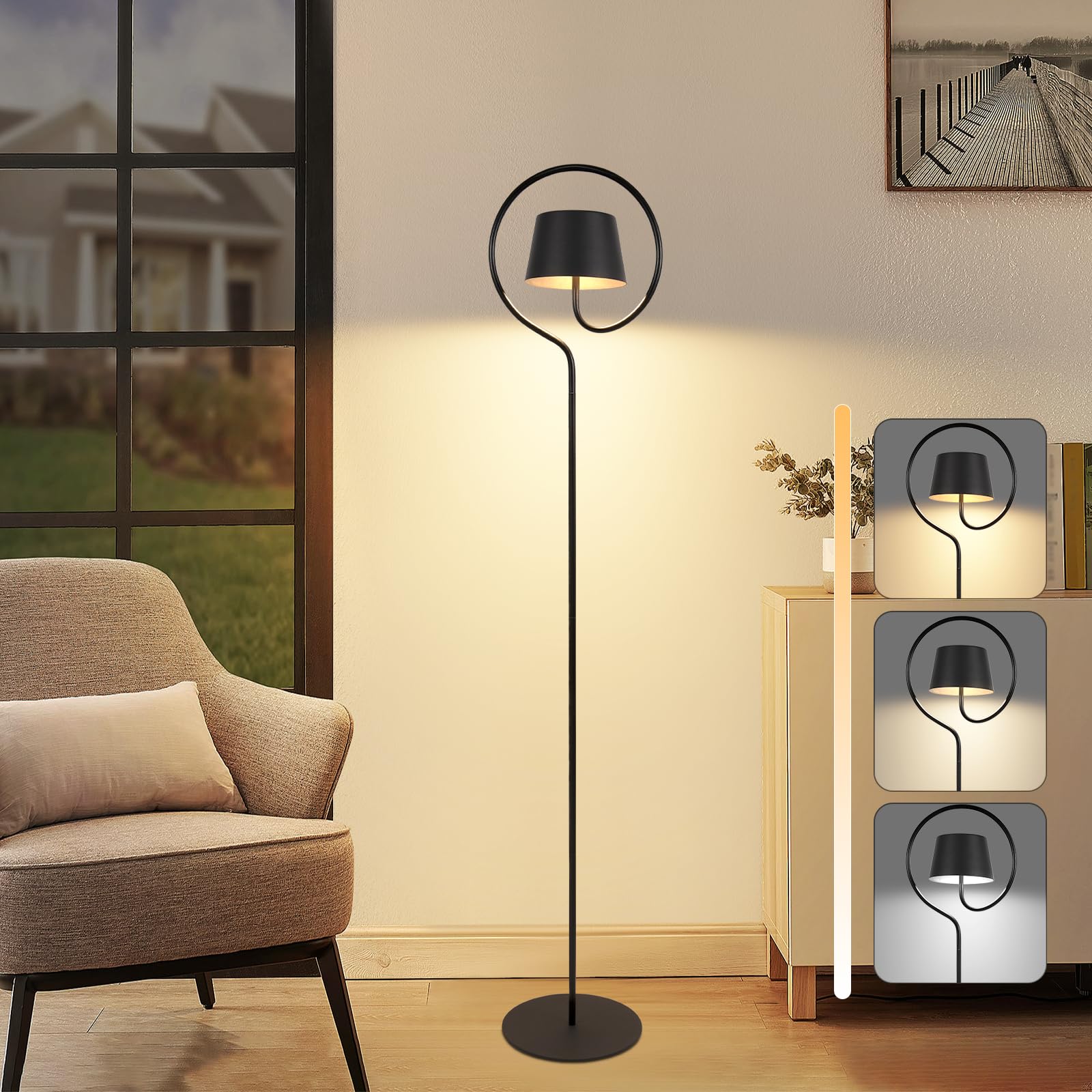 Homefire Lampadaire LED pour salon à intensité variable 120 cm - Lampadaire solaire d'extérieur avec batterie USB-C rechargeable - Moderne - Sans fil - 3000 K-6500 K - Hauteur réglable - Pour chambre