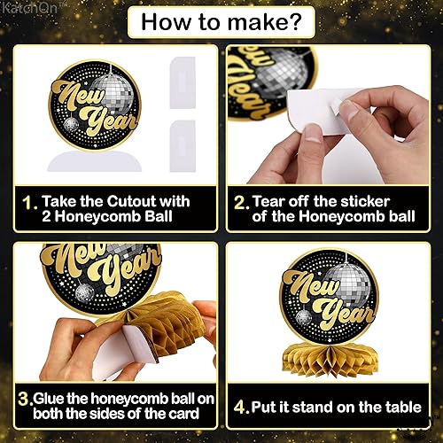 Miniatura 3 de KatchOn, Decoraciones de centros de mesa de nido de abeja de Año Nuevo, paquete de 9, centros de mesa NYE  Centro de mesa de año nuevo disco 3D para