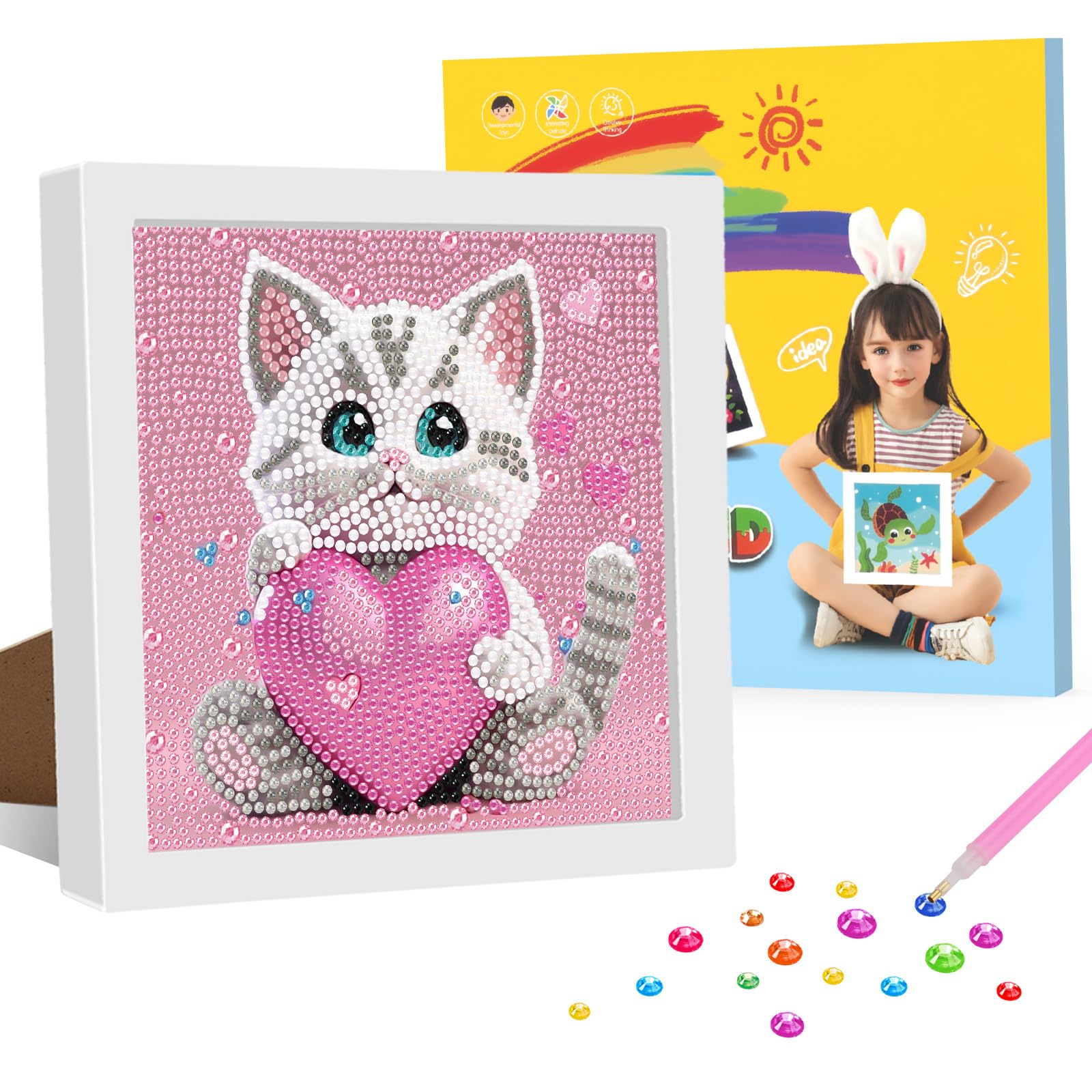 GHHKUD Diamond Painting with Frame for Children Cat Diamond Painting Set, Pictures with Gift Box, for 8-12 Years