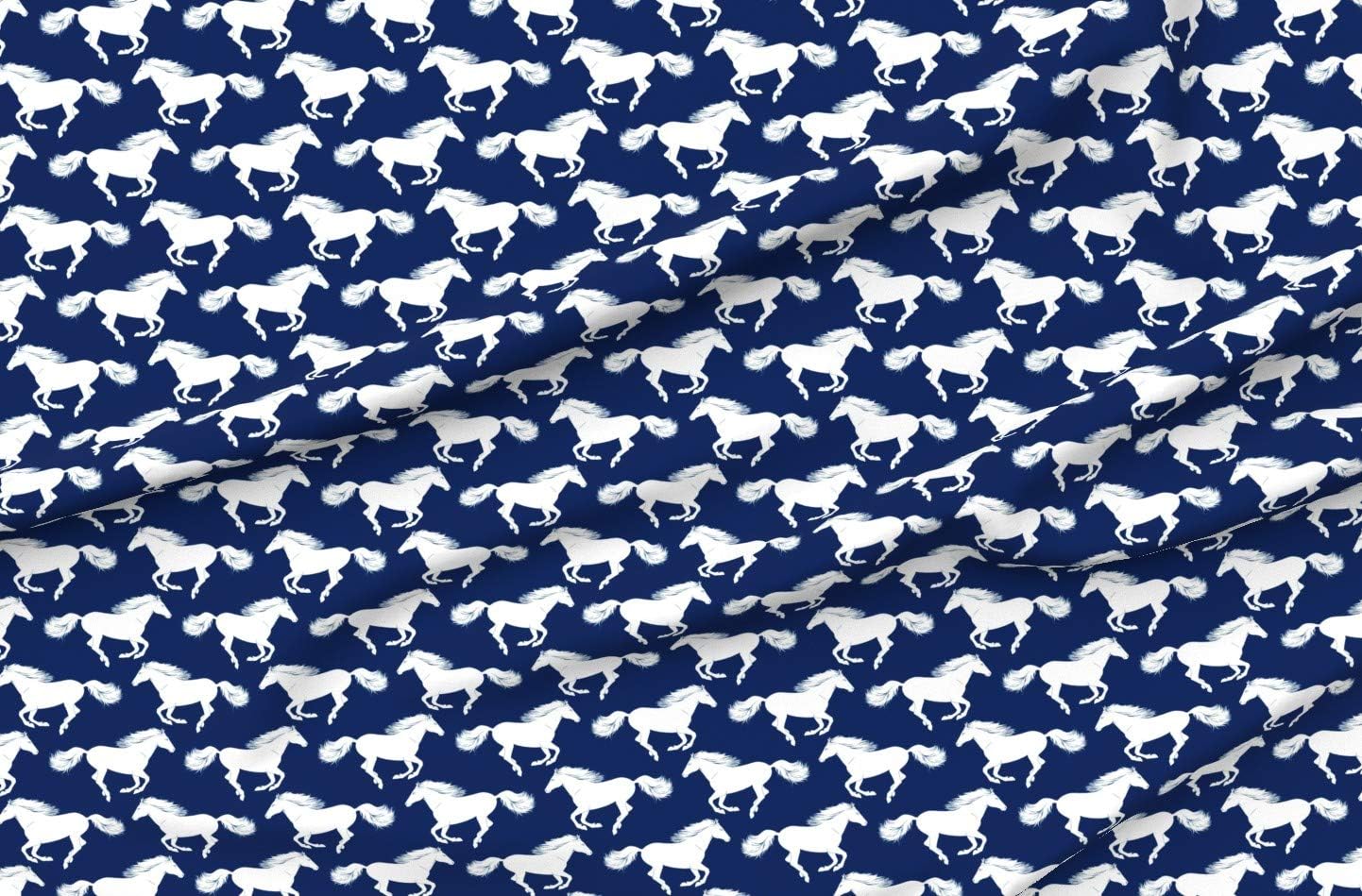 Spoonflower Fabric - White Navy Pony Horse Equestrian Printed on Organic Cotton Sateen Fabric by The Yard - Sewing Quilting Apparel Home Decor