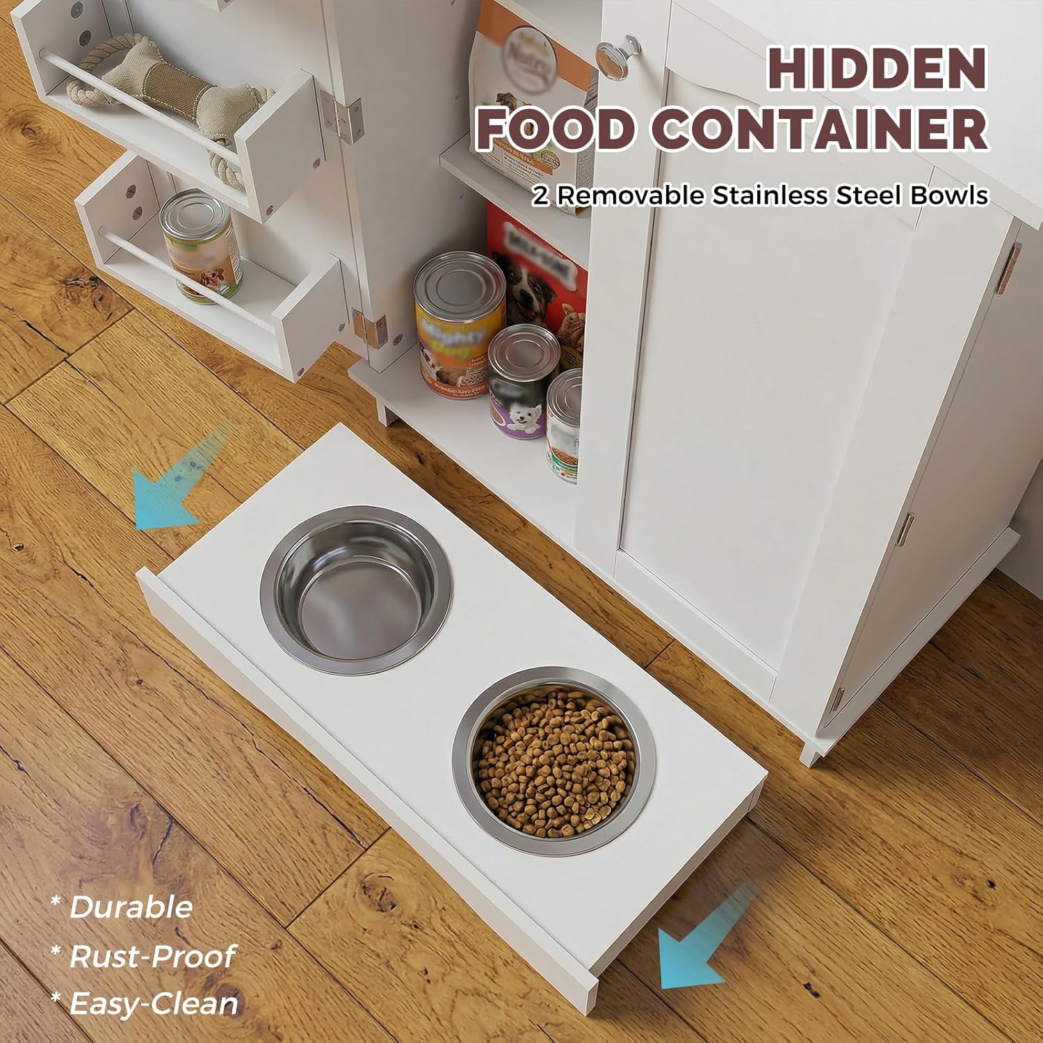 NEWOWNDS Dog Feeding Station with Storage,32" H Pet Food Storage Cabinet with Adjustable Shelves,2 Elevated Bowls,Hooks & Letter Stickers,Hidden Dog Feeder Station Organizer for Cats and Dogs,White