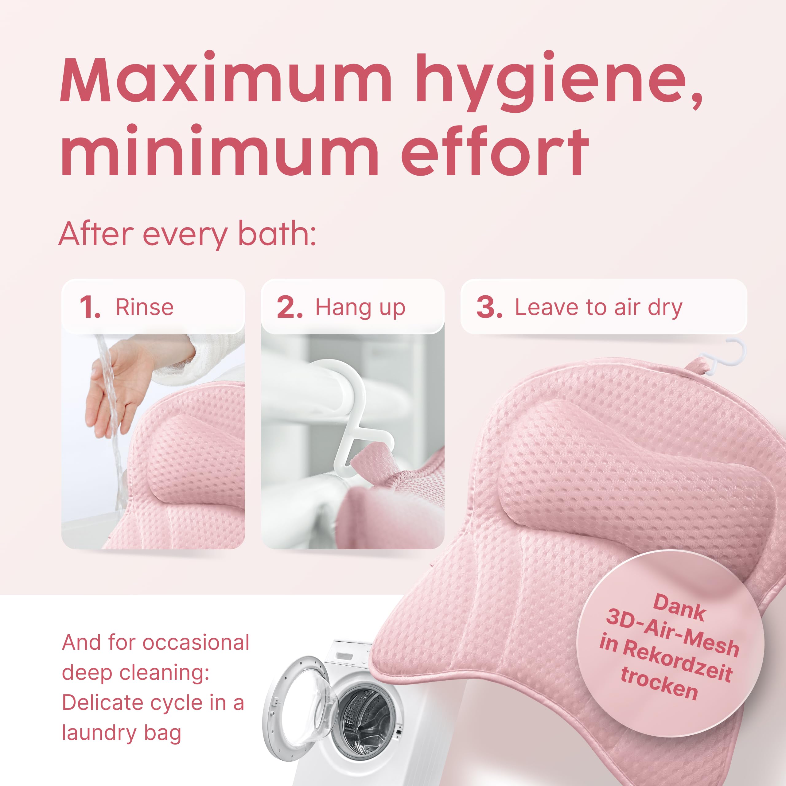 Vesta+ Cojín para bañera XXL rosa con 6 ventosas, 8 cm de reposacabezas