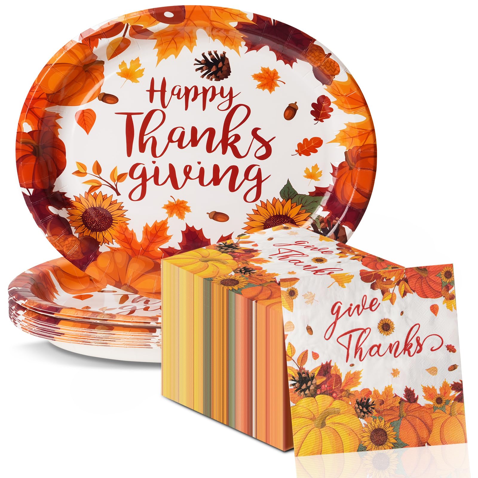50 platos y servilletas de papel ovalados grandes de Acción de Gracias de 10 x 12 pulgadas, platos y servilletas de papel de otoño, suministros desechables para fiesta de otoño para decoración