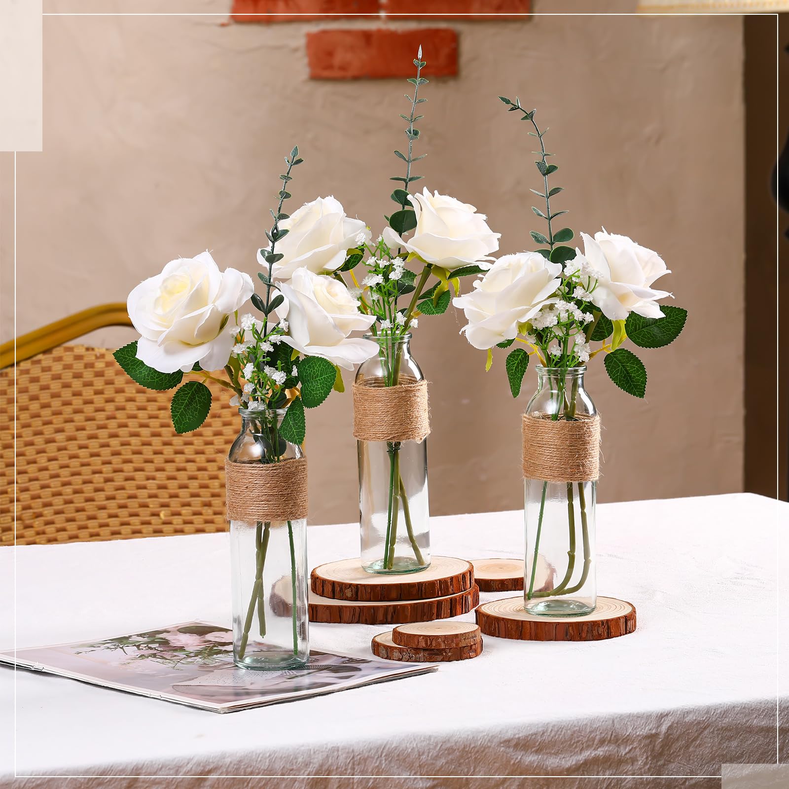 10 Set Clear Glass Vase with Flowers Centerpieces 10 Clear Glass Jars 40 Artificial Plant with Rope Table Centerpieces for Wedding Rustic Baby Shower Party Farmhouse Home Decoration