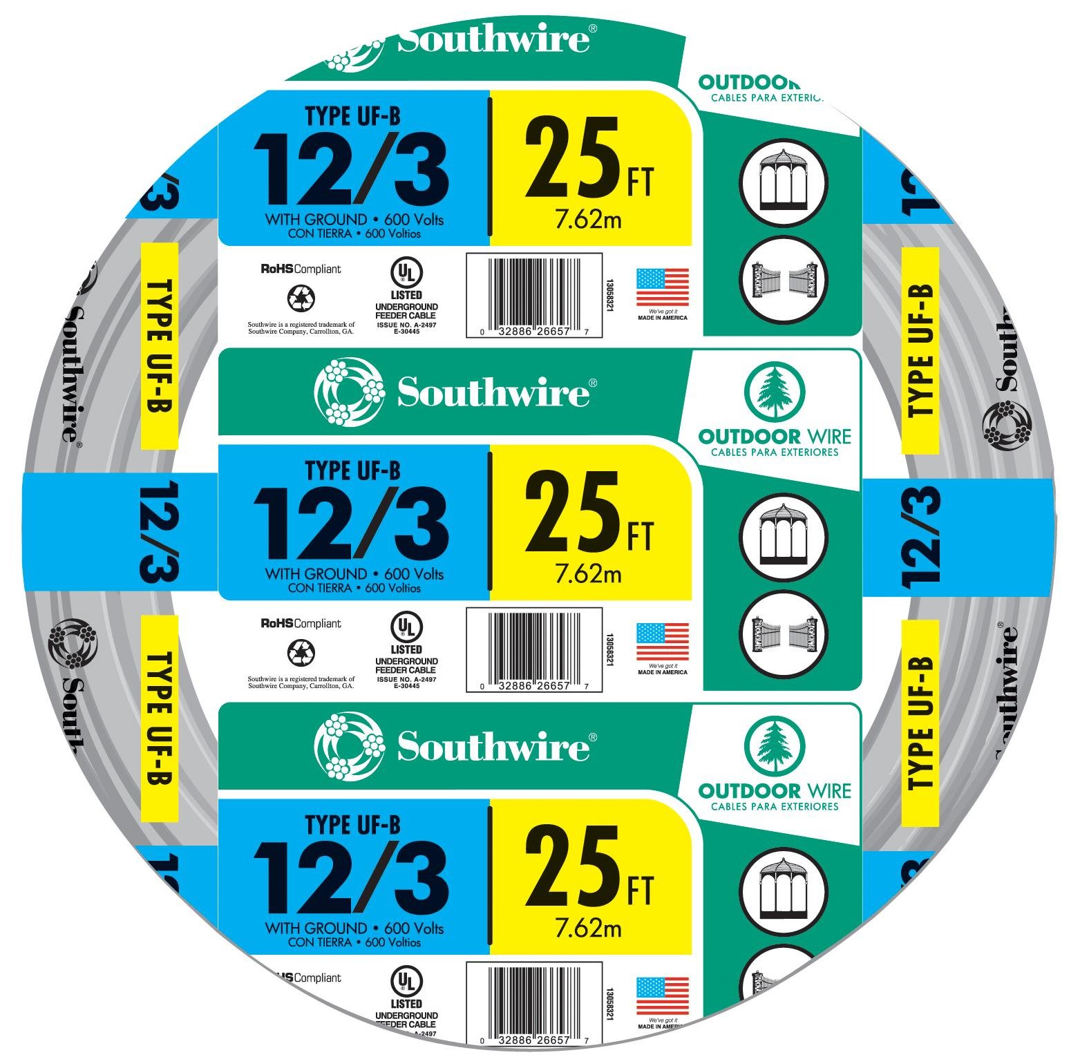 Southwire13058321 25 ft. 12/3 Gray Solid CU UF-B W/G Wire