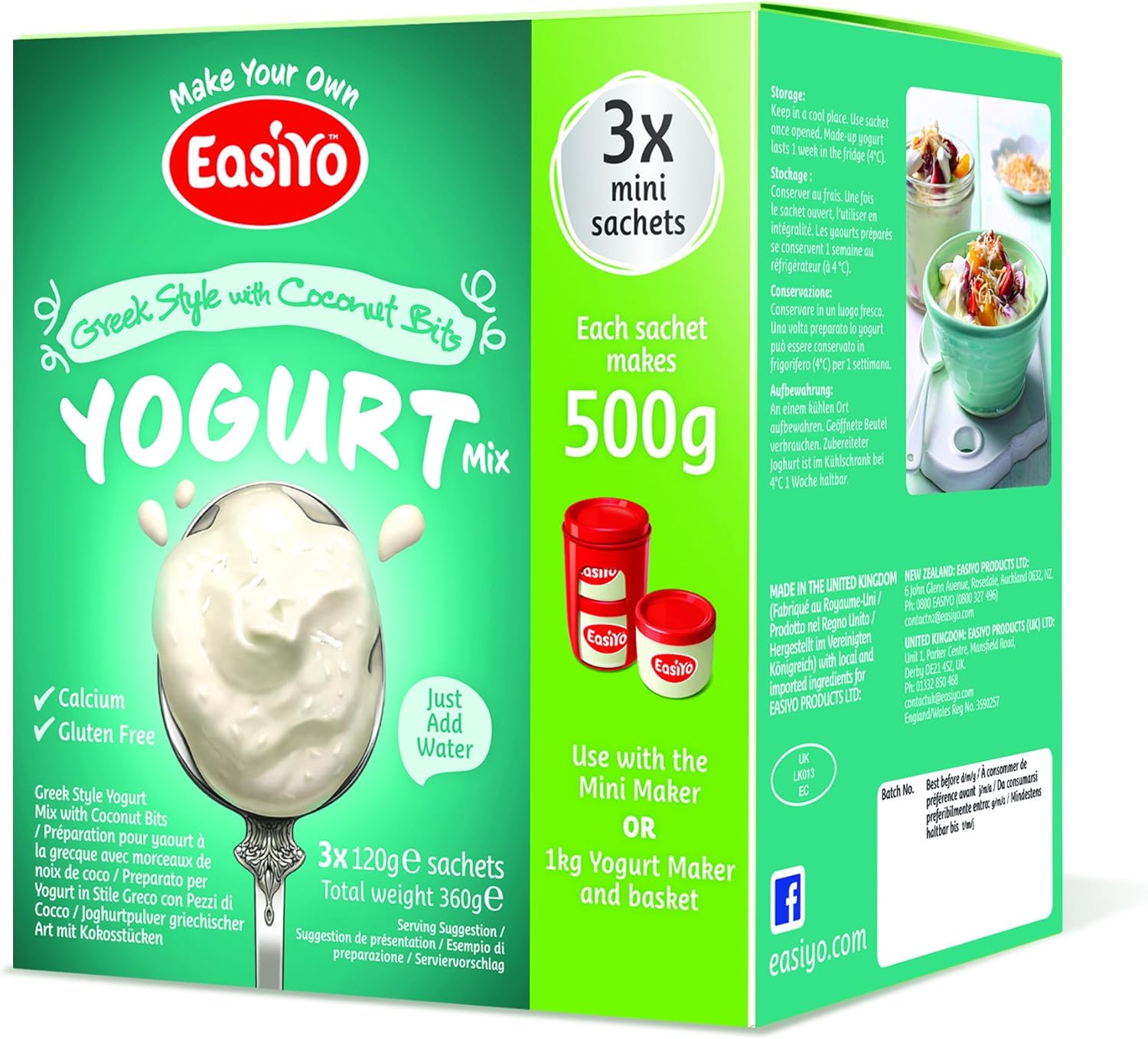 EasiYo Greek with Coconut 500g Yogurt Sachet Mix (3 x 120g) Amazon.co