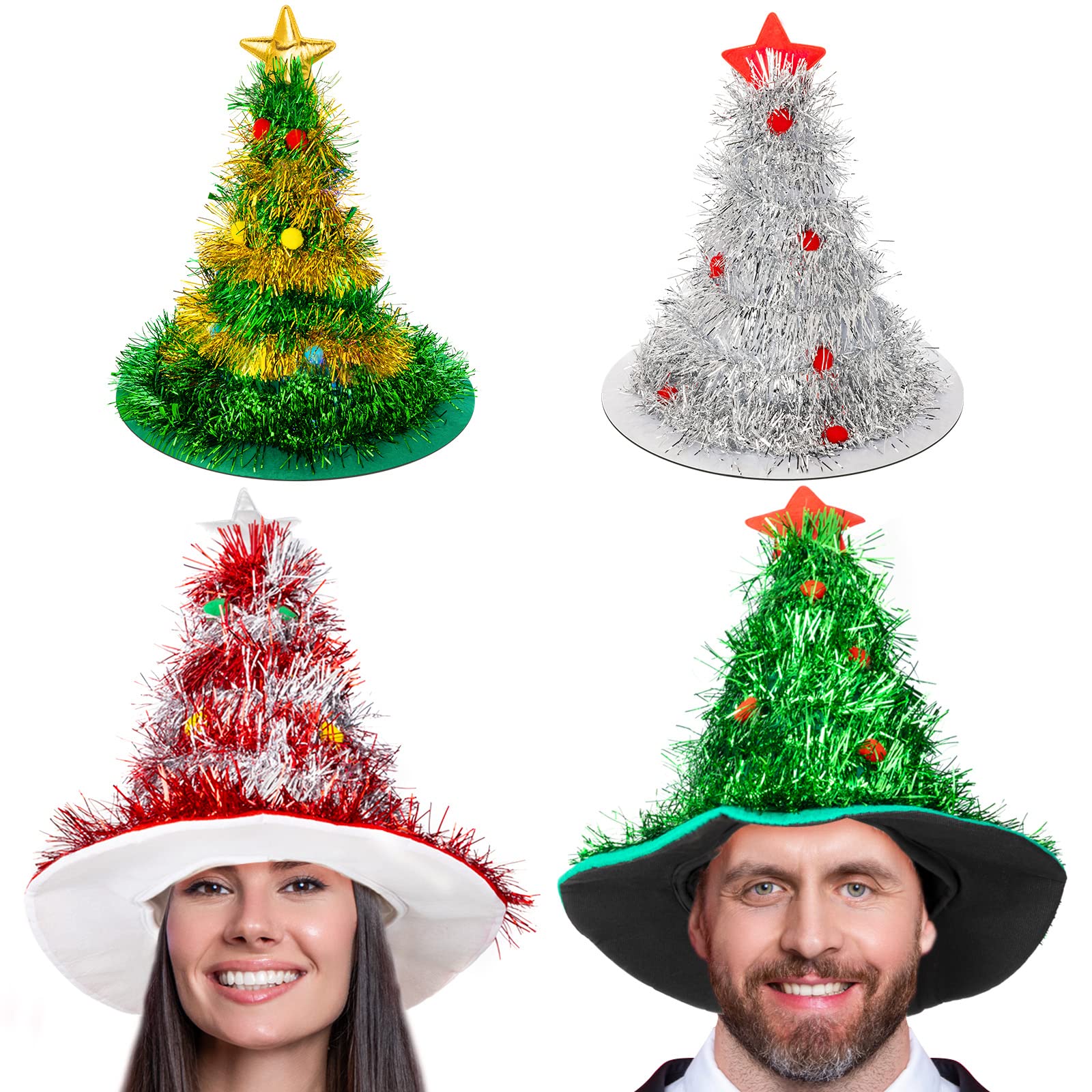 Vinsot4 Pcs Christmas Hats Xmas Tree Santa Hat with Tinsel Colorful Poms Glitter Crazy Christmas Hats Christmas Costume for Adults Kids Holiday Party, 4 Styles