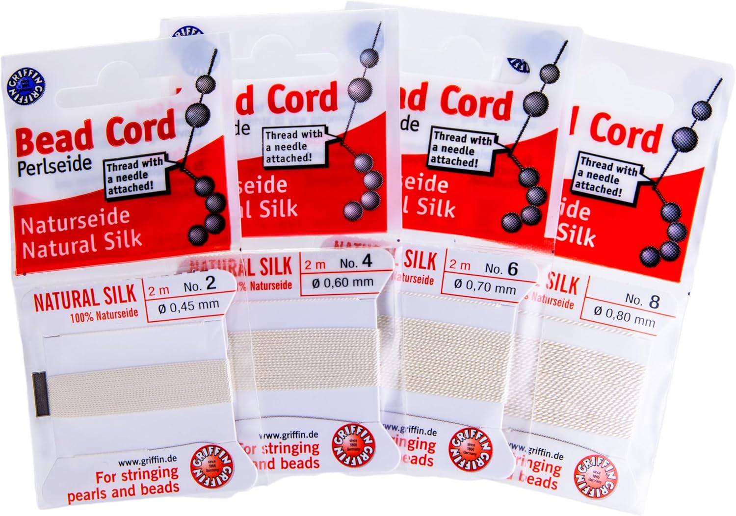JewelrySupply Griffin Bead Cord 100% Natural White Silk Assortment (#2 - #4 - #6 - #8) Each Card Includes a stringing Needle.
