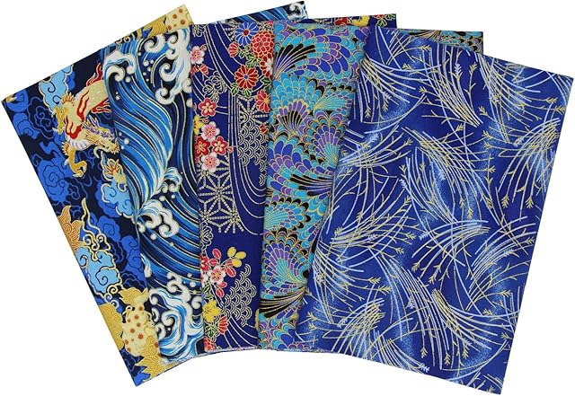aufodara Cotton Craft Fabric Squares Patchwork Bundle, 5Pcs 50 x 50 cm Japanese Style Printed Floral Beautiful Gold Patterns Bronzing Cloth for Sewing Quilting DIY Artcraft Handwork (Blue)