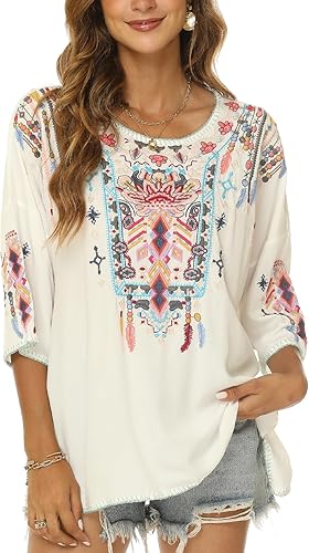 Vista 2 de Higustar Blusas bordadas mexicanas para mujer, estilo bohemio, estilo bohemio, tallas grandes, ropa campesina, blusas
