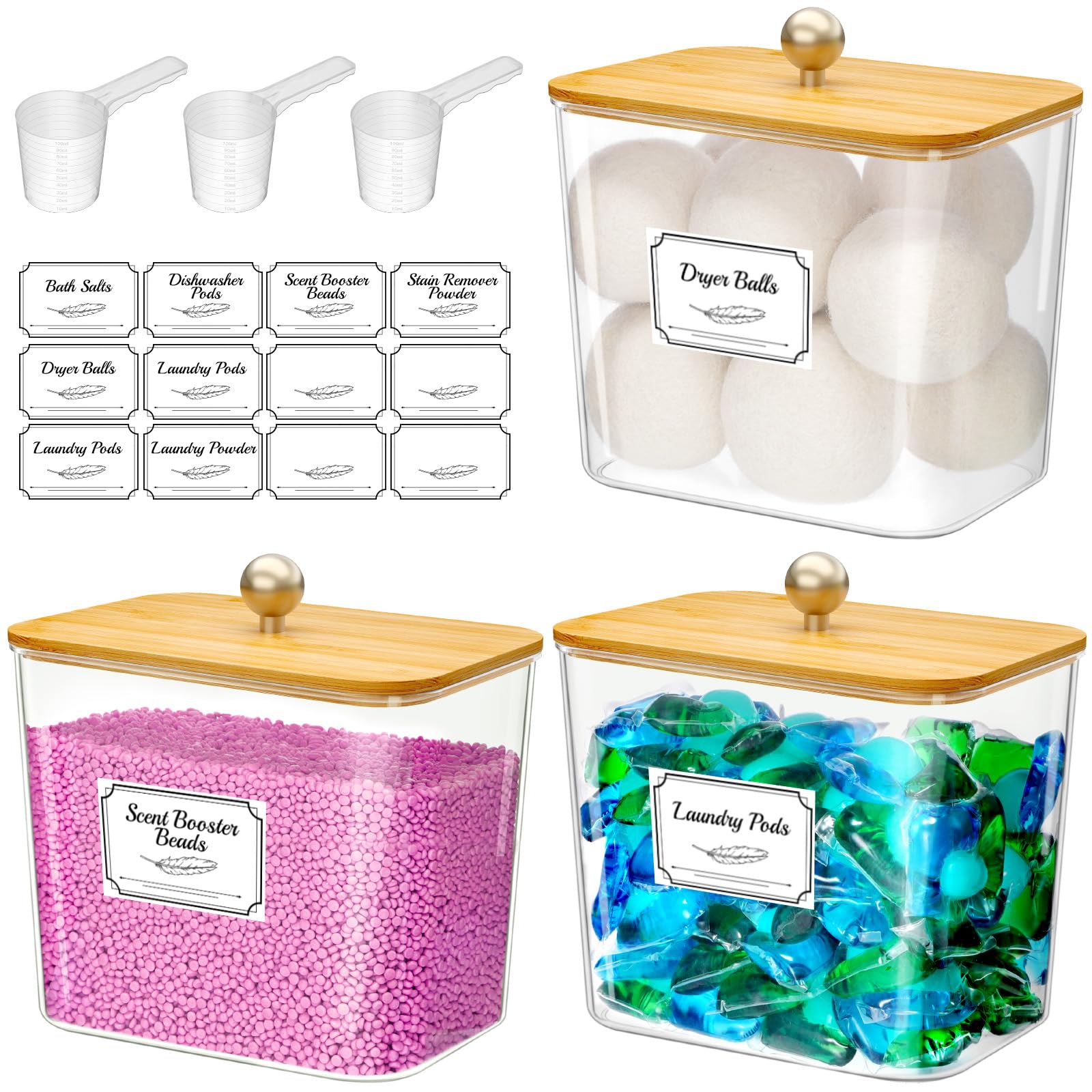 Lifewit 3 Stück 2700 ml/0.72gal Wäsche Pods Behälter mit Etiketten und Löffeln, Waschpulver Aufbewahrungsbox mit Bambusdeckel, Waschmittelbox, Waschmittel Aufbewahrung für Pulver Perle Duft Booster