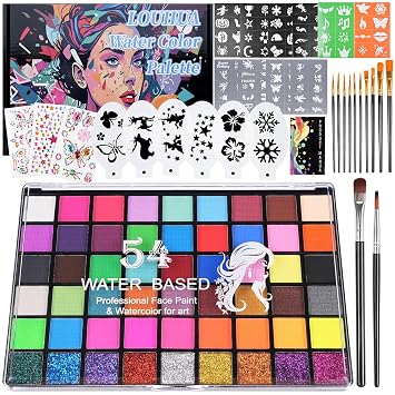 LOUHUA 54 Colors Face Painting Kit for Kids, Non Toxic Water Activated Face Paint Palette with Stencils, Brushes, Gems, for Halloween Makeup Birthday Carnival Cosplay, Washable Facepaint Kit