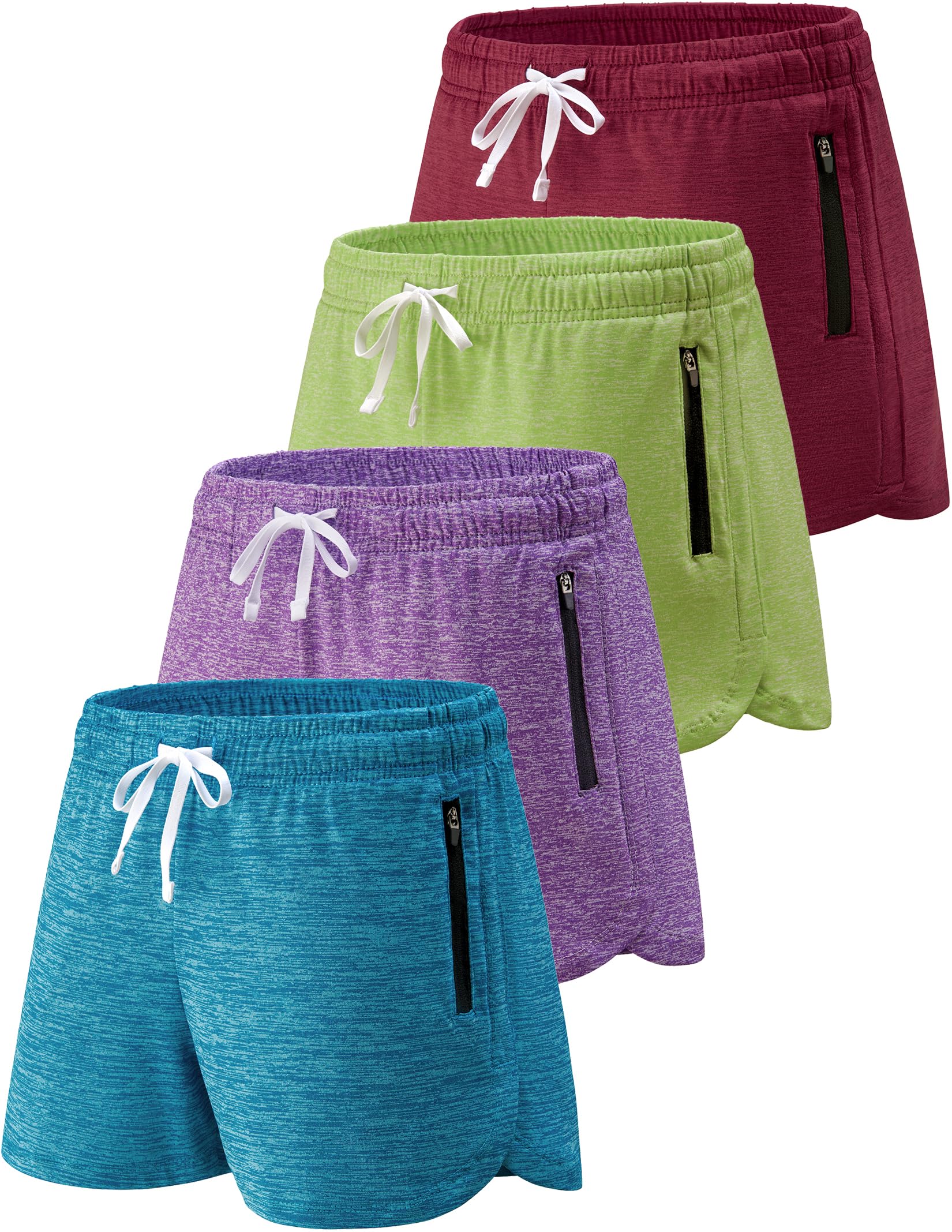 4 Pack Youth Girls Athletic Shorts 3", Girls Soccer Shorts, Kids Workout Gym Clothes Activewear Apparel with Zipper Pockets