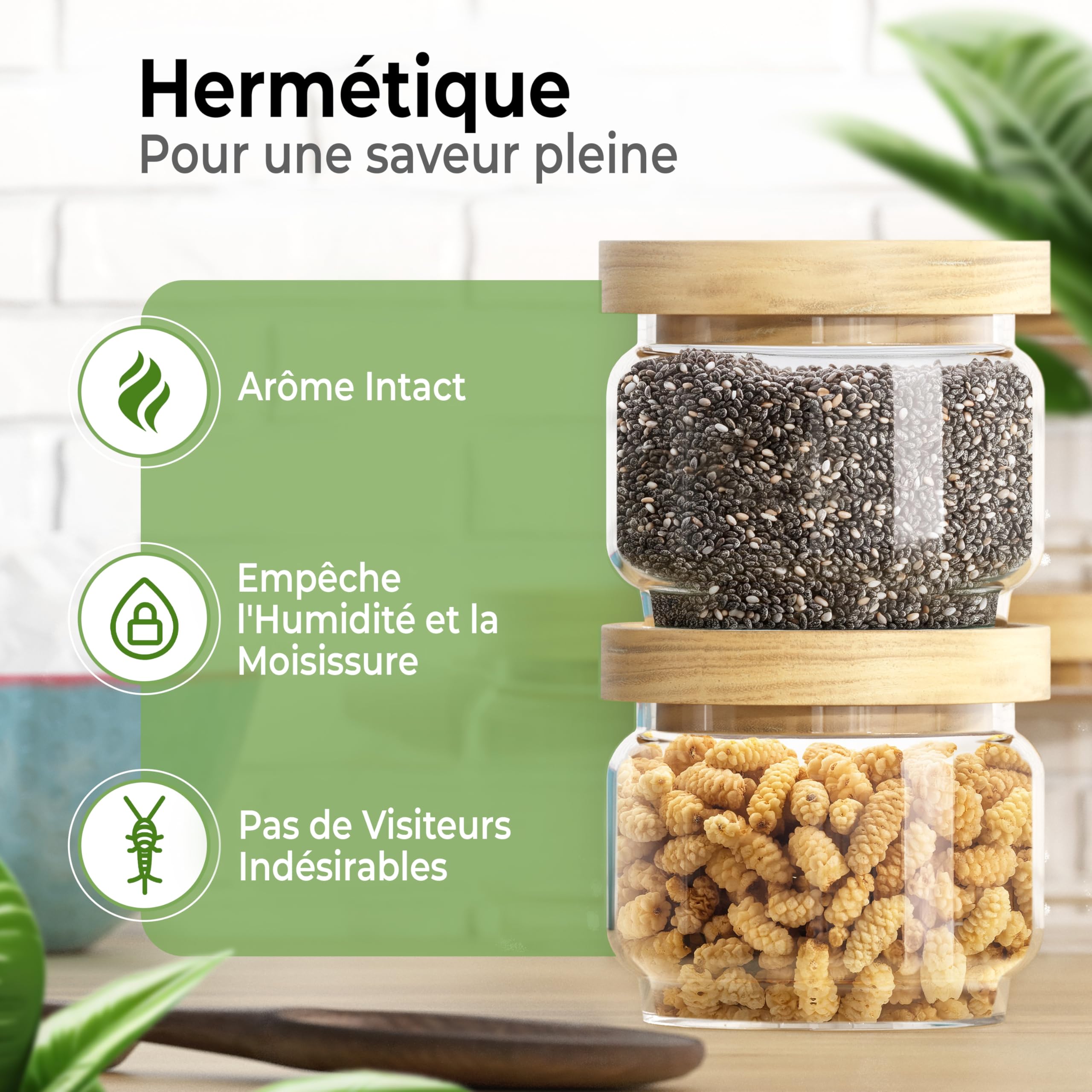 ElbFuchs® Bocaux en verre hermétiques 4x 300 ml | Sans BPA & anti-mites – Pots de conservation avec couvercle en bois | Noix, épices, thé & snacks