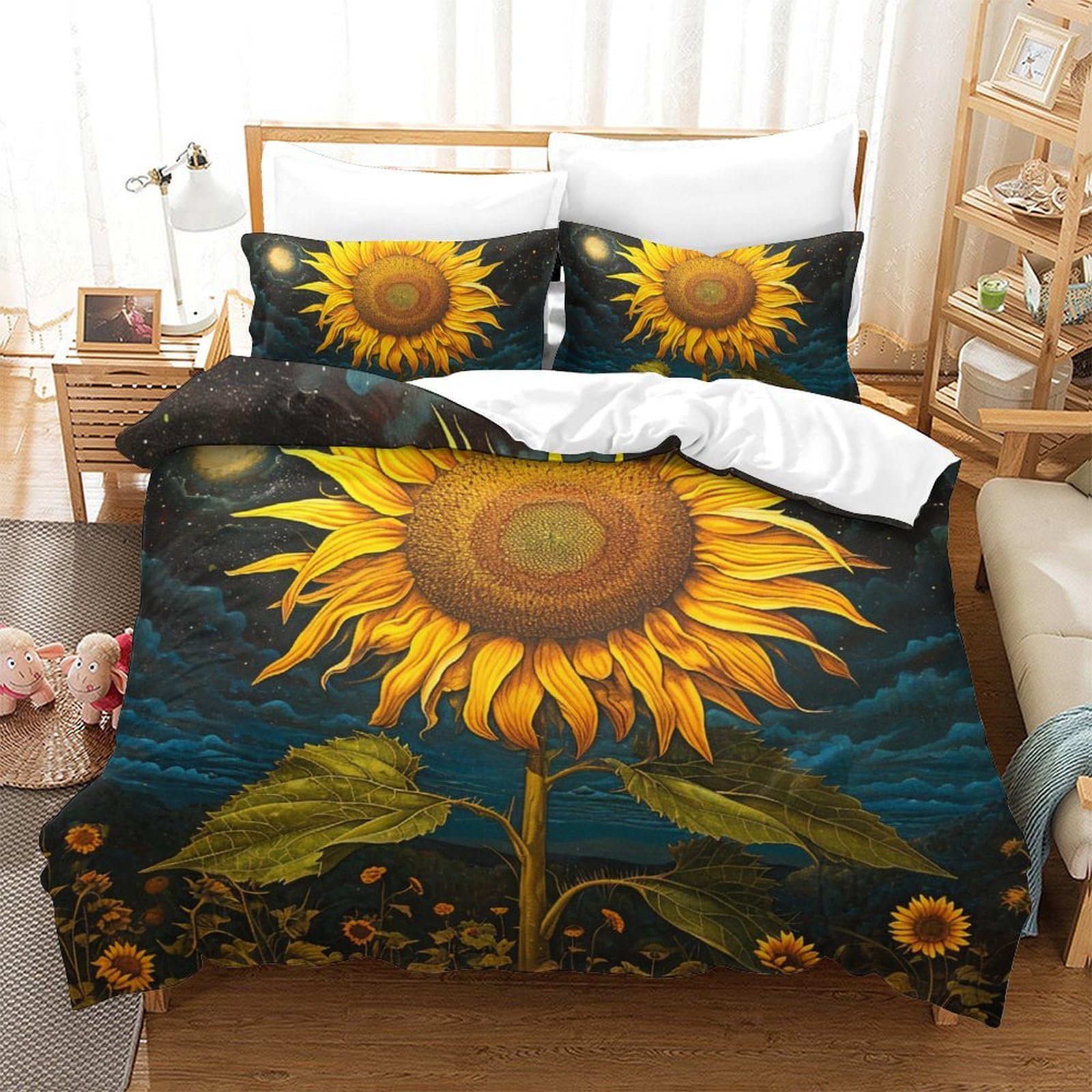 Housse de couette Tournesol imprimé 3D parure de lit double microfibre