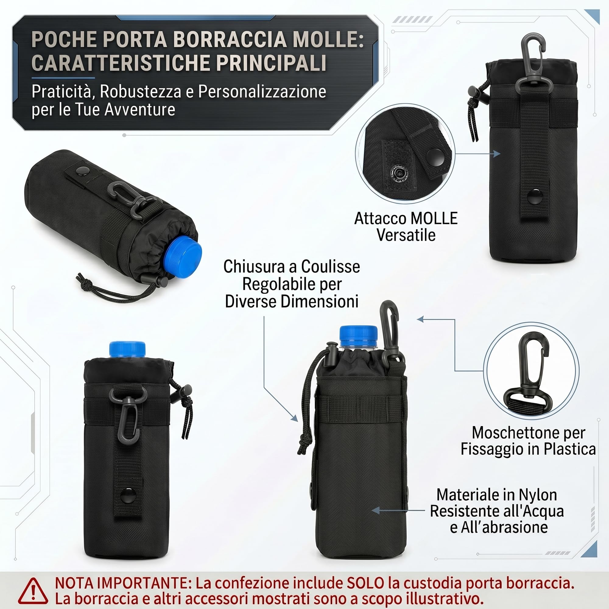 Borsa per Borraccia Molle Tattico Militare Porta Bottiglia 550ml in Nylon 600D Custodia con Tracolla e Coulisse per Sport Outdoor Ciclismo Trekking Campeggio ed Escursionismo