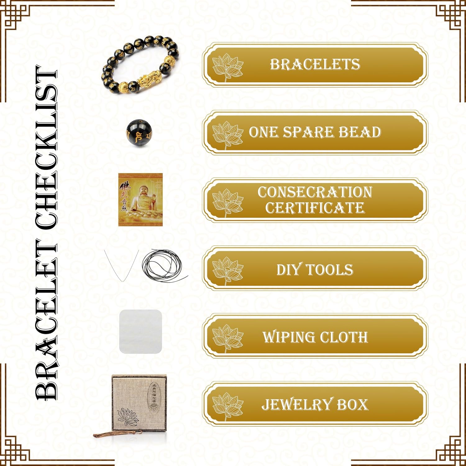 Feng Shui Obsidian bracelet, 24K Gold Plated Pixiu and Six Syllable Mantra of Buddhism brings Fortune and Good Luck, Healing and Protection bracelet, Elastic bracelet for Women and Men - Image 3