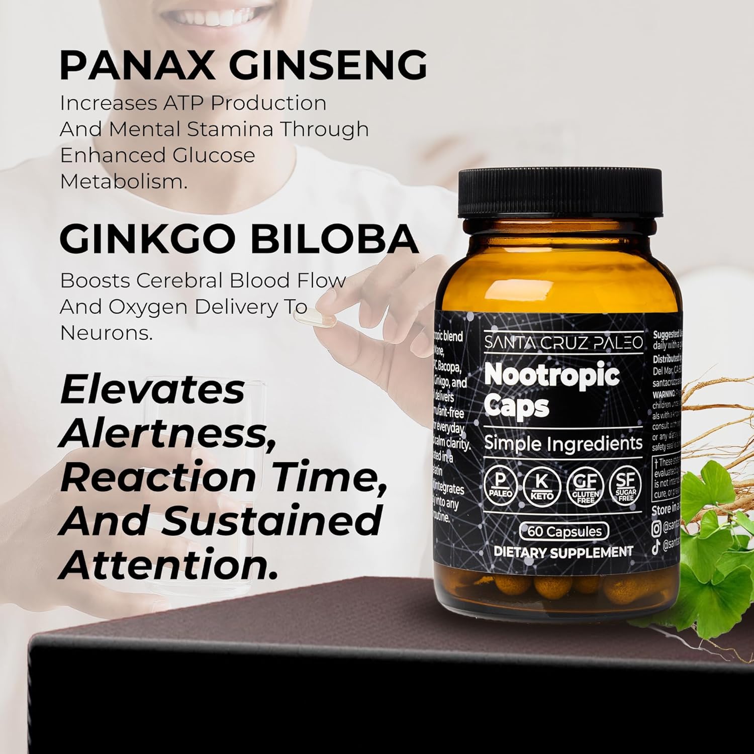 Santa Cruz Paleo Nootropic Capsules – Lions Mane, Alpha GPC, Panax Ginseng & Ginkgo Biloba for Focus, Memory, Mental Clarity & Energy – Keto, Paleo, Gluten Free Brain Supplement, 60 Caps