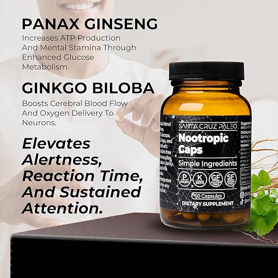 Santa Cruz Paleo Nootropic Capsules Lions Mane, Alpha GPC, Panax Ginseng & Ginkgo Biloba for Focus, Memory, Mental Clarity & Energy Keto, Paleo, Gluten Free Brain Supplement, 60 Caps