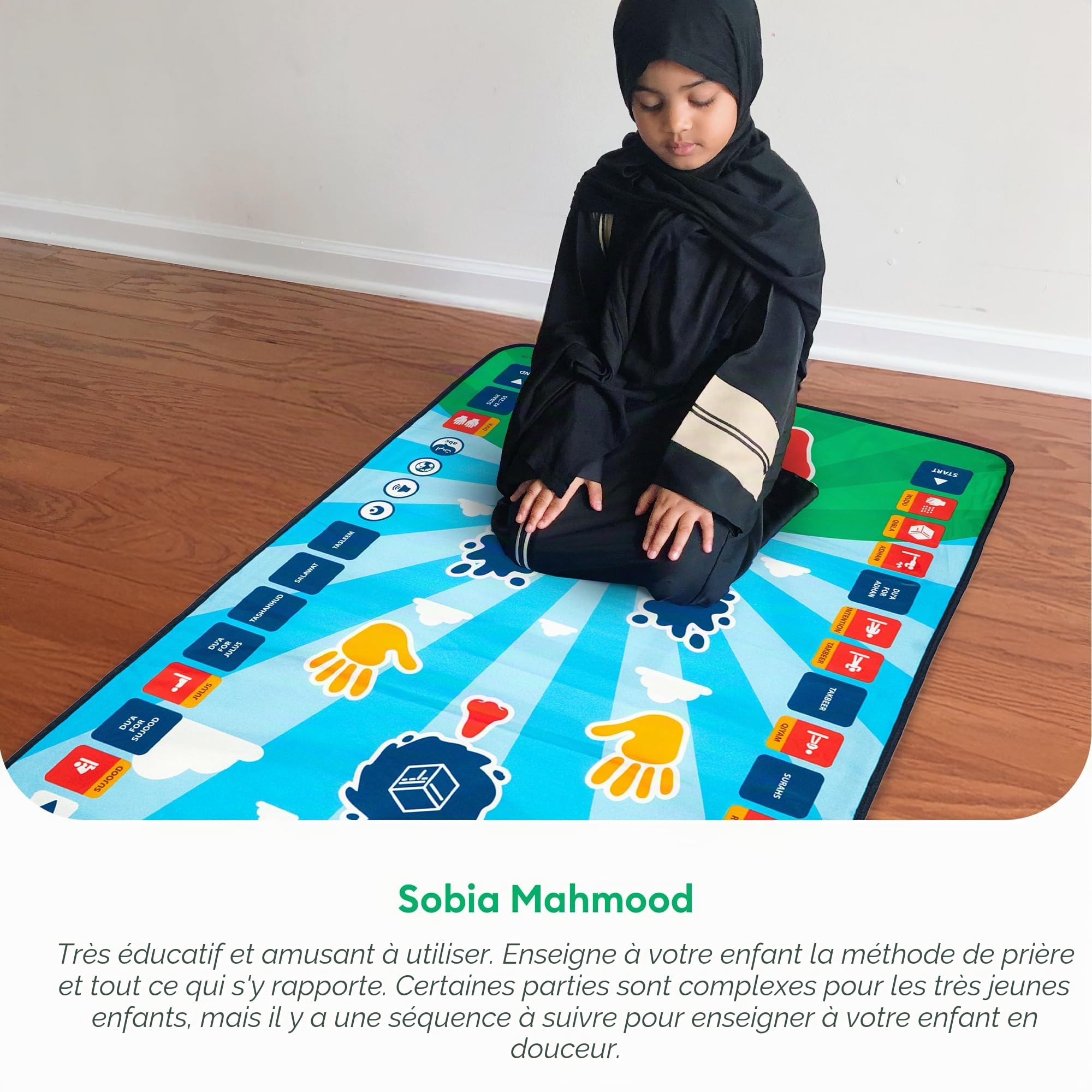 My Salah Mat Tapis de prière interactif Intelligent pour Apprendre la Salah, la sourate, Le wudu et Le duas – Tapis de prière Islamique avec 10 Langues, Traduction de Salah, 25 Touches tactiles et