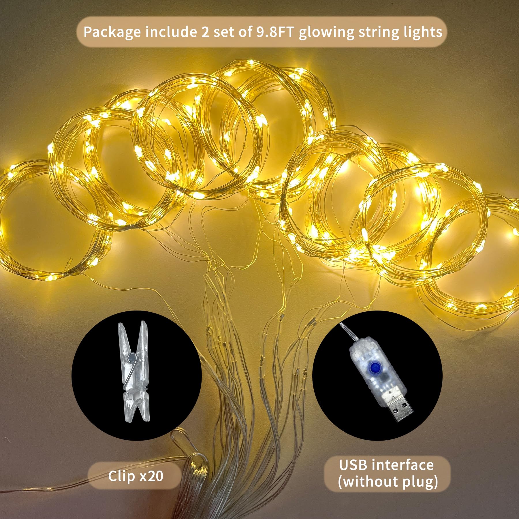 Rideaux de fond en tulle champagne avec guirlandes lumineuses pour fêtes – Rideaux transparents de 50,8 x 2,4 m avec lumières pour mariage, fête prénatale, fête d'anniversaire, décoration de