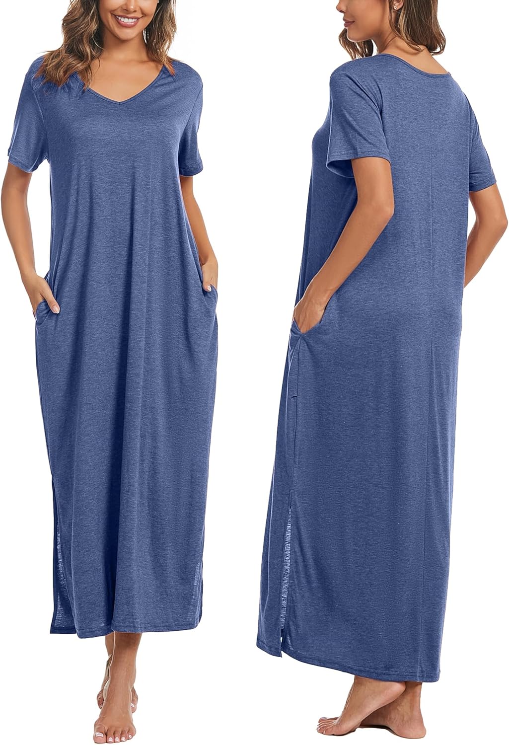 Marvmys Women Short Sleeve Nightgown Cotton Long Nightshirts with Pocket - Image 2
