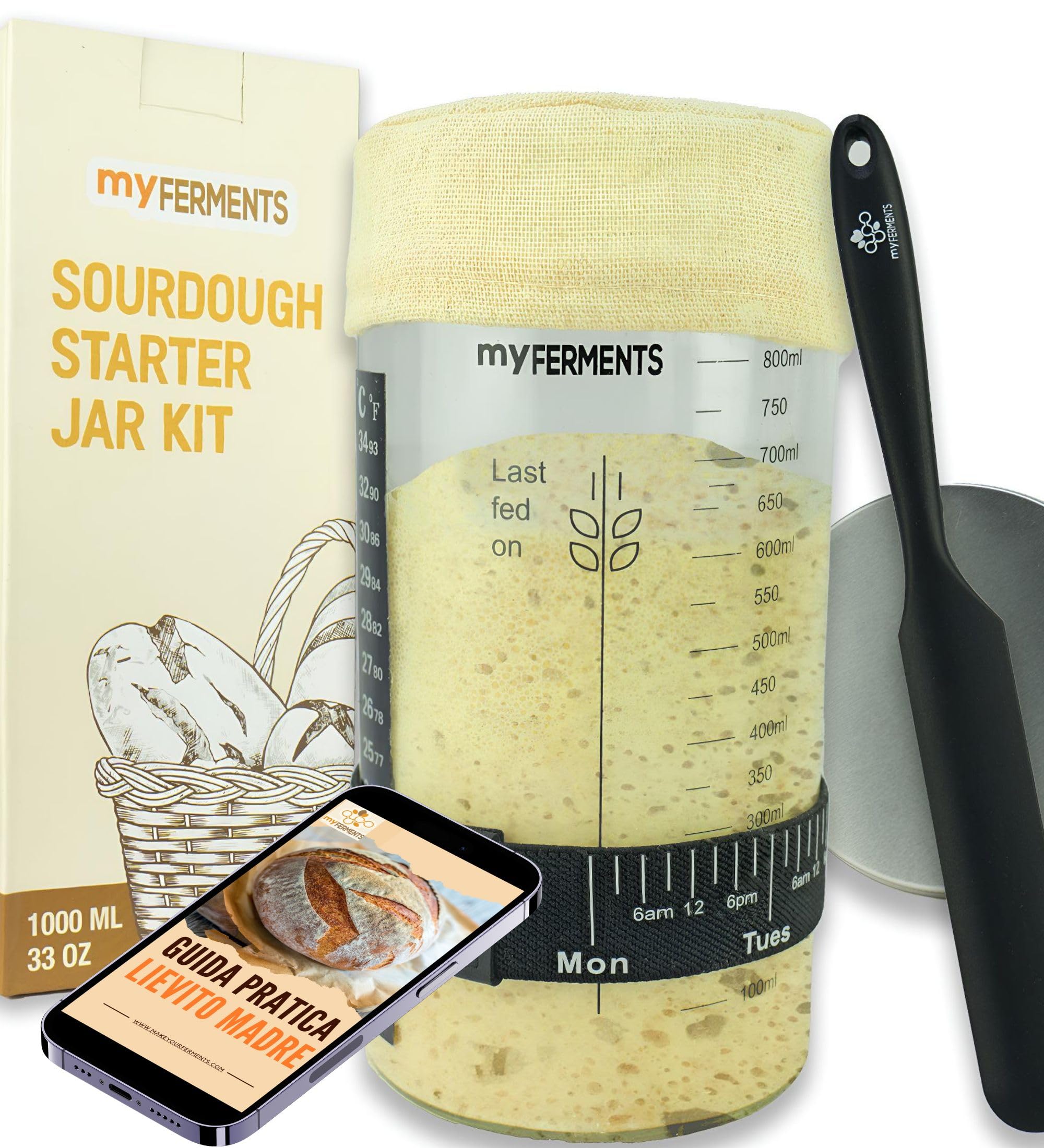 myFERMENTS - Barattolo per Lievito Madre 1000 ML | Kit Completo con Accessori | Contenitore in Vetro | Cinta Misuratrice e Termometro Inclusi | per Panificazione Casa