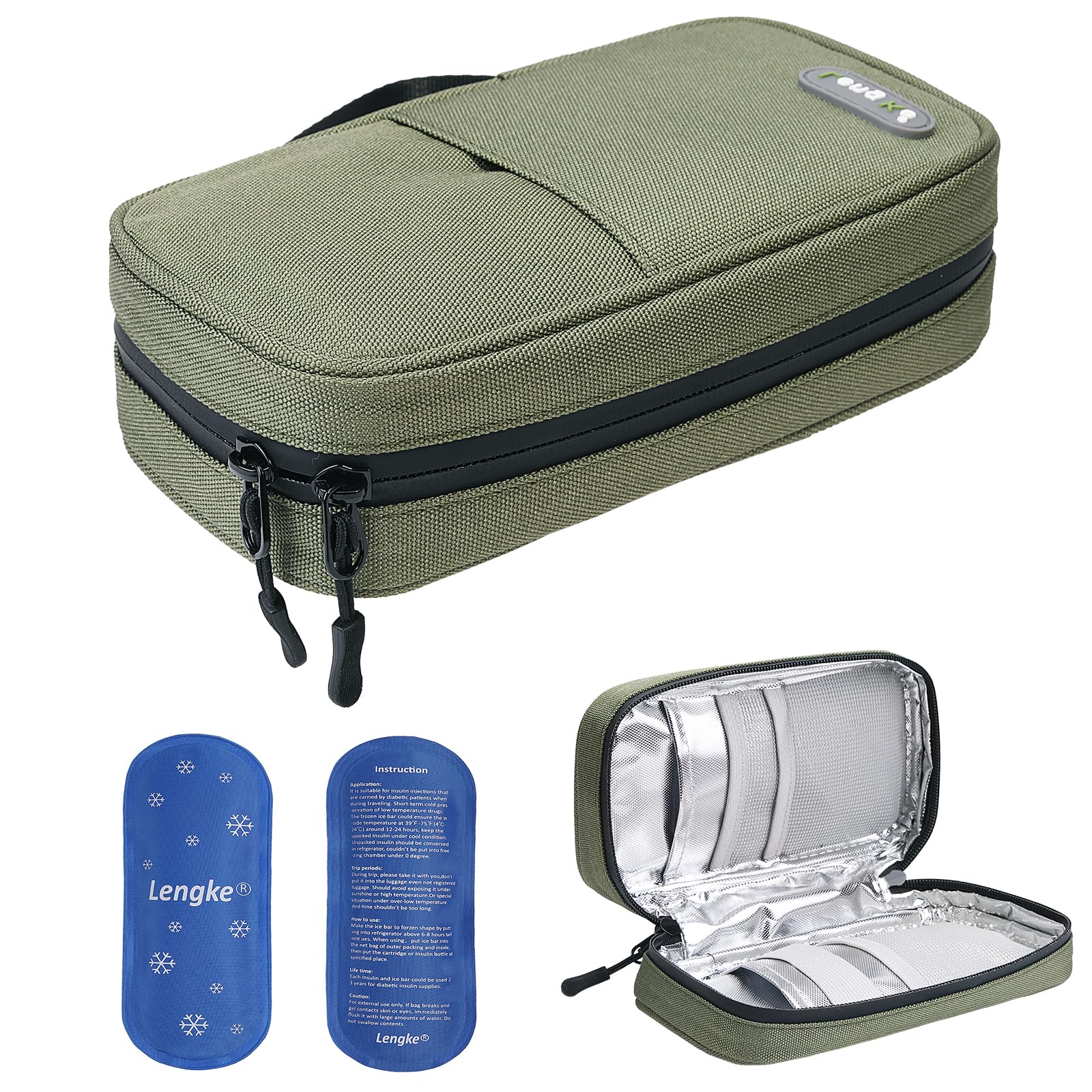 JAKAGOWaterproof Insulin Cooler Travel Case,Lightweight and Super Strong Insulation Insulin Pen Case, Medical Cooler Bag for Insulin Pens & Medication with 2 Large Ice Pack（Green）