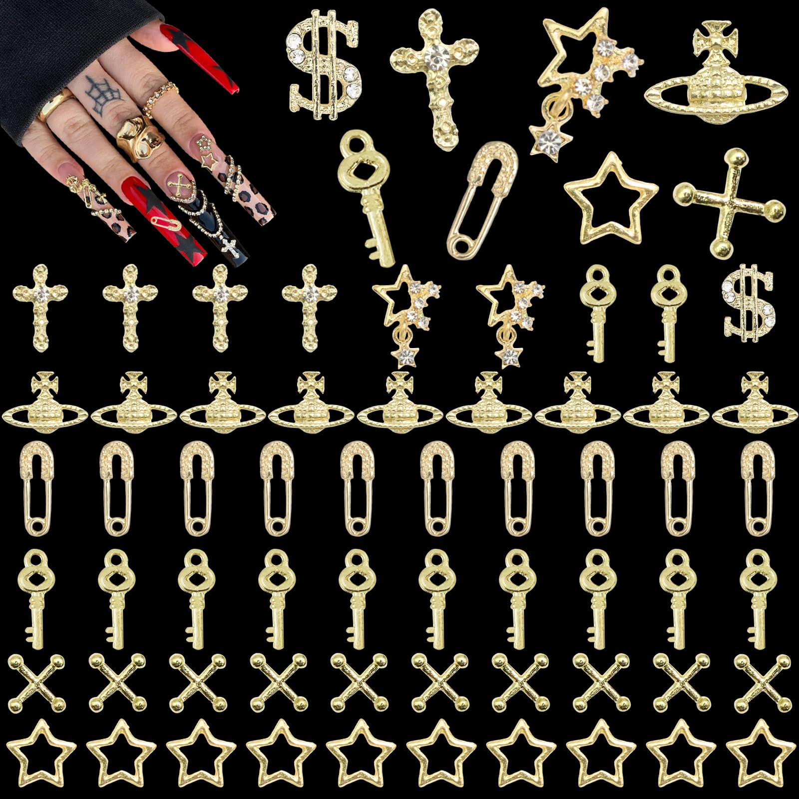 120PCS Gold Nail Charms 3D Star Nail Charms Alloy Punk Nail Charm 3D Spikes for Nails Sparkly Cross Dollar Sign Nail Charms for Nail Art and DIY Crafts Decoration-image-30