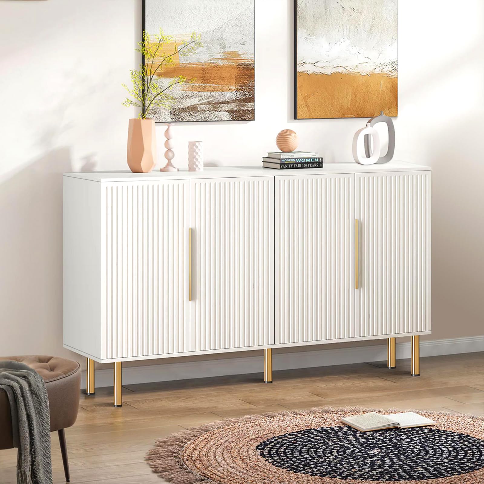 ZYLTHORN Buffet Cabinet with Storage, Credenza Storage Cabinet with 4 Doors, White Modern Sideboard for Living Room Hallway and Kitchen Coffee Bar