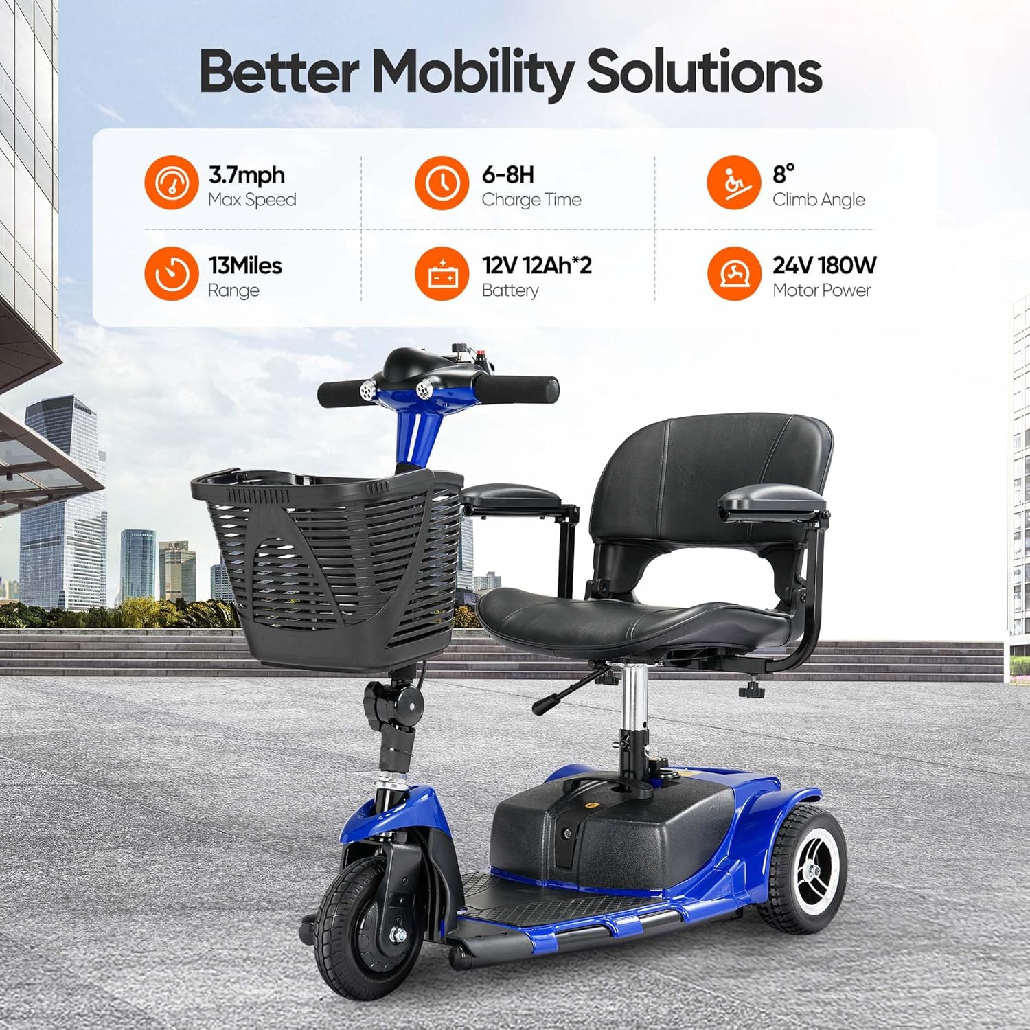 Infographic showing key specifications of the mobility scooter: 3.7mph max speed, 6-8H charge time, 8 degree climb angle, 13 miles range, 12V 12Ah*2 battery, 24V 180W motor power