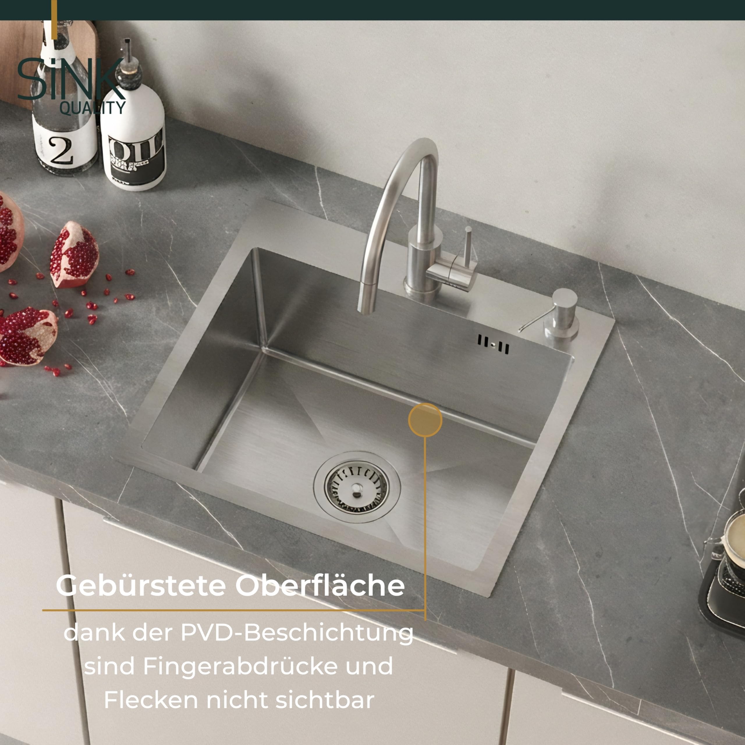 Sink Quality zlewozmywak ze stali nierdzewnej 50 x 45 cm – odporna na zarysowania powłoka PVD i oszczędzający miejsce syfon, zlewozmywak ze stali nierdzewnej 304 do szafki pod umywalkę 50 cm, łatwy w