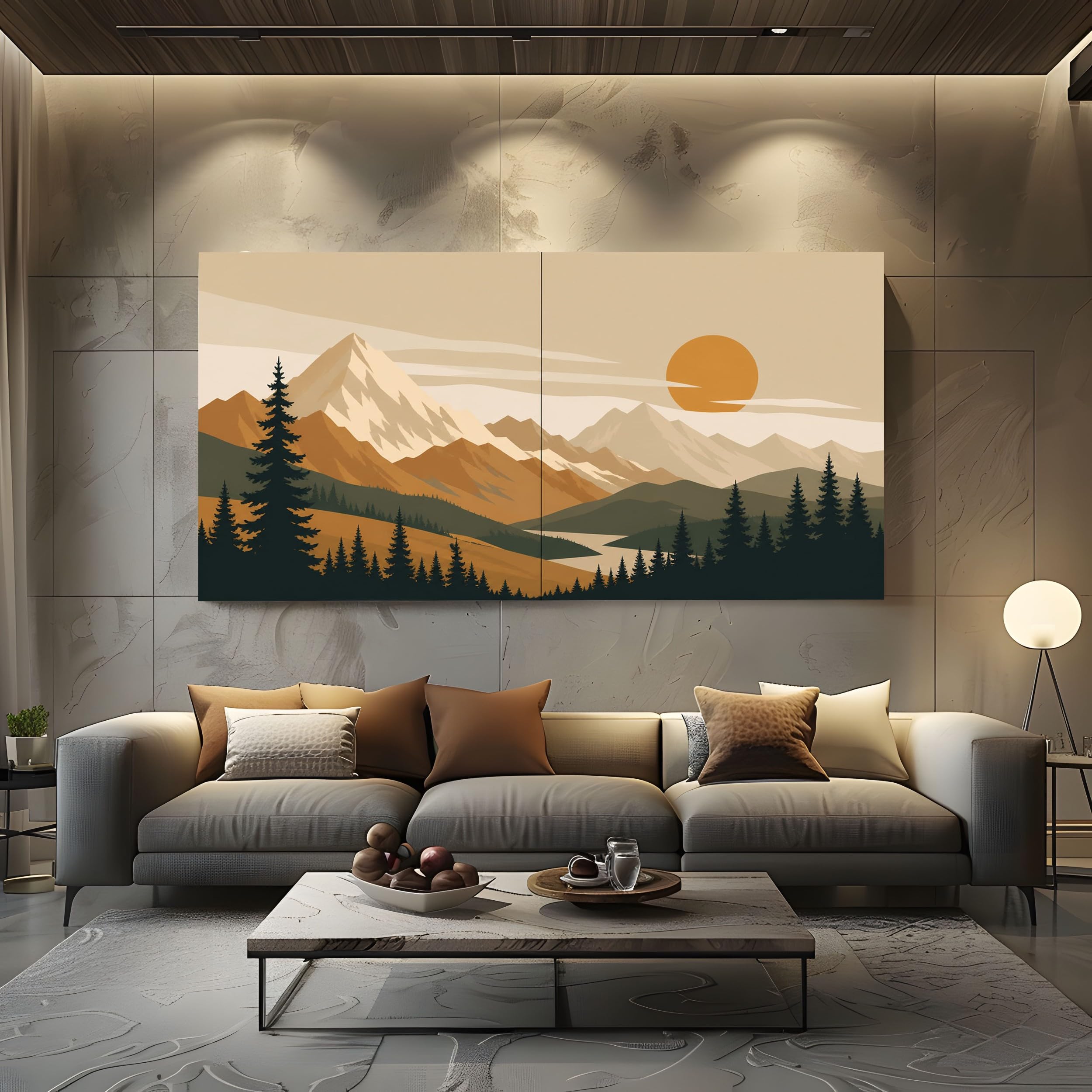 quadro grande soggiorno Tramonto Montano Retrò su tela 80x160cm con cornice