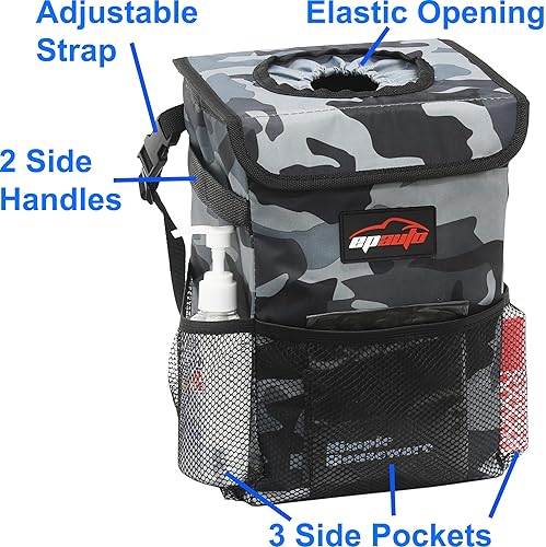 Miniatura 4 de EPAuto Bote de basura impermeable para automóvil con tapa y bolsillos de almacenamiento, color gris camuflaje