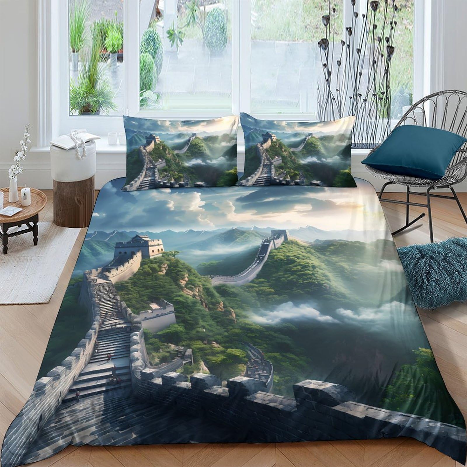 GPLZQXKJNH 3D Printed Great Wall Landscape Duvet Cover Microfiber Soft Breathable Misty Mountain Bedding Set with 2 Pillowcases for Bedroom Decor Single（135x200cm）