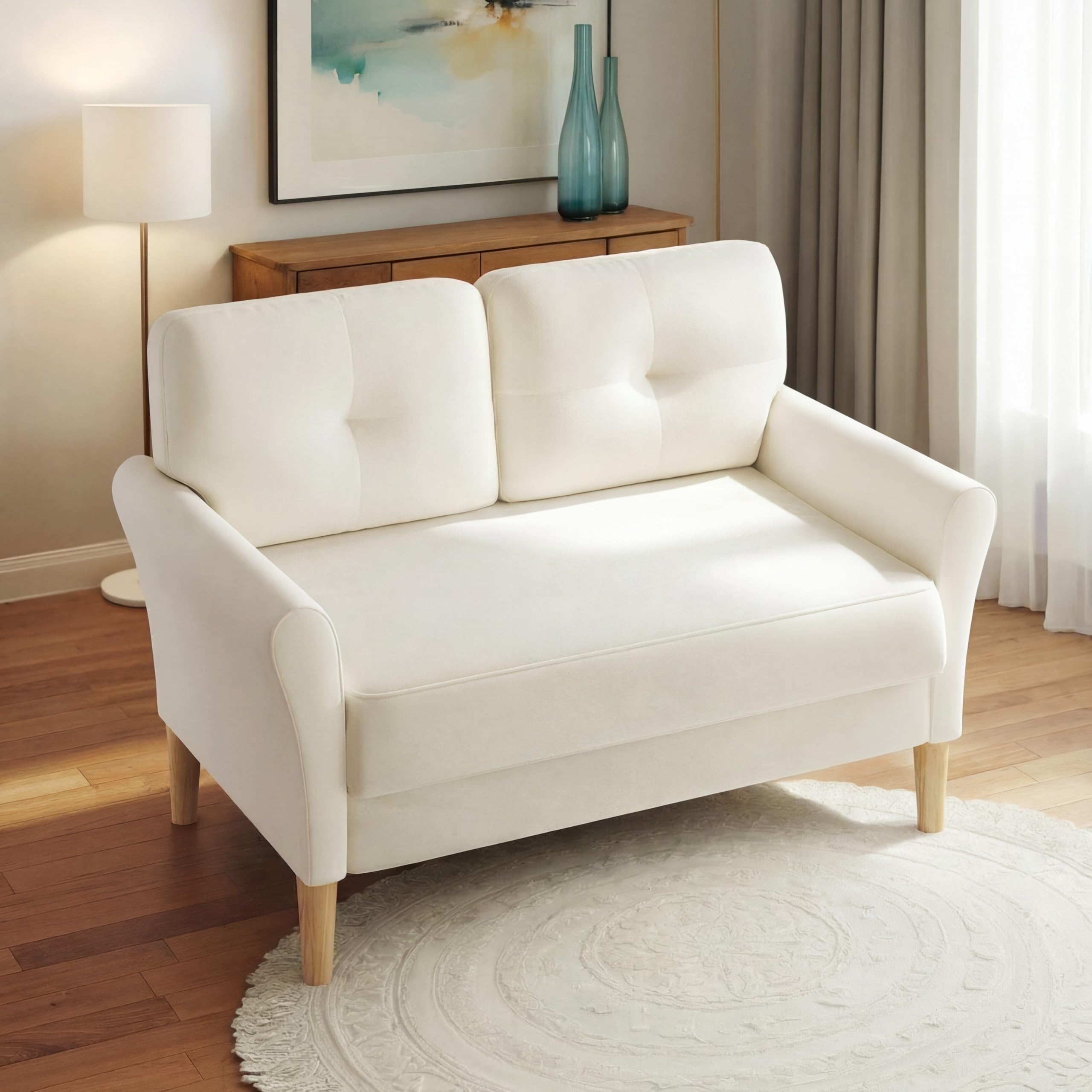 Domusensus Kleines Sofa 2 Sitzer, 123CM kleine Couch 2 Sitzer, Sofa klein mit 53CM extra tiefen Sitzen, MiniSofa Wohnzimmer, Werkzeugfreie Montage Sofas & Couches, Bequemer Samt Mini Couch, Beige