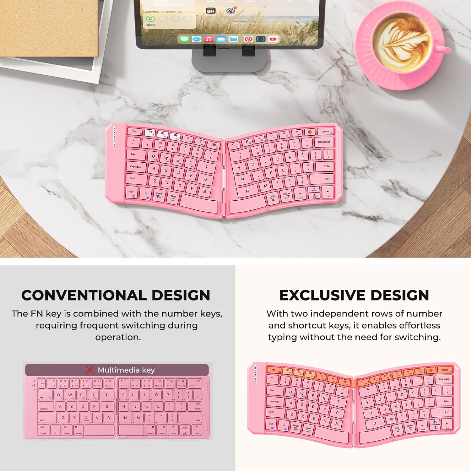 MEETION New Ergonomic Bluetooth Foldable Keyboard, Split Compact Portable Wireless Keyboard for Business Travel, Rechargeable Folding Keyboard for Tablet PC Smartphone iOS Android Windows Mac Pink