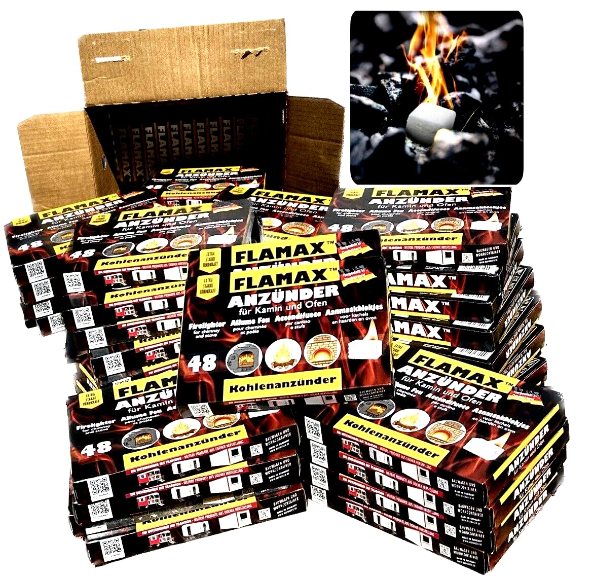 720x Kohleanzünder Anzündwürfel Grillanzünder Kaminanzünder 15x 48er Ofenanzünder Feueranzünder für Ofen Kamin Kohlenanzünder Anzünder Würfel Anzündwolle, Set Flamax Anmachwürfel + 1 KOVA Bildmagnet