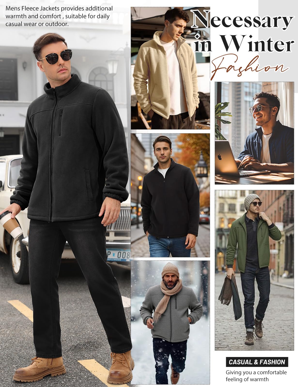 TOMEEK Veste Polaire Homme Hiver Fleece Jacket Full Zippé Chaude Manteau Hommes Blousons avec Poches sans Capuche de Randonnée Travail Epaisse Thermique Blouson