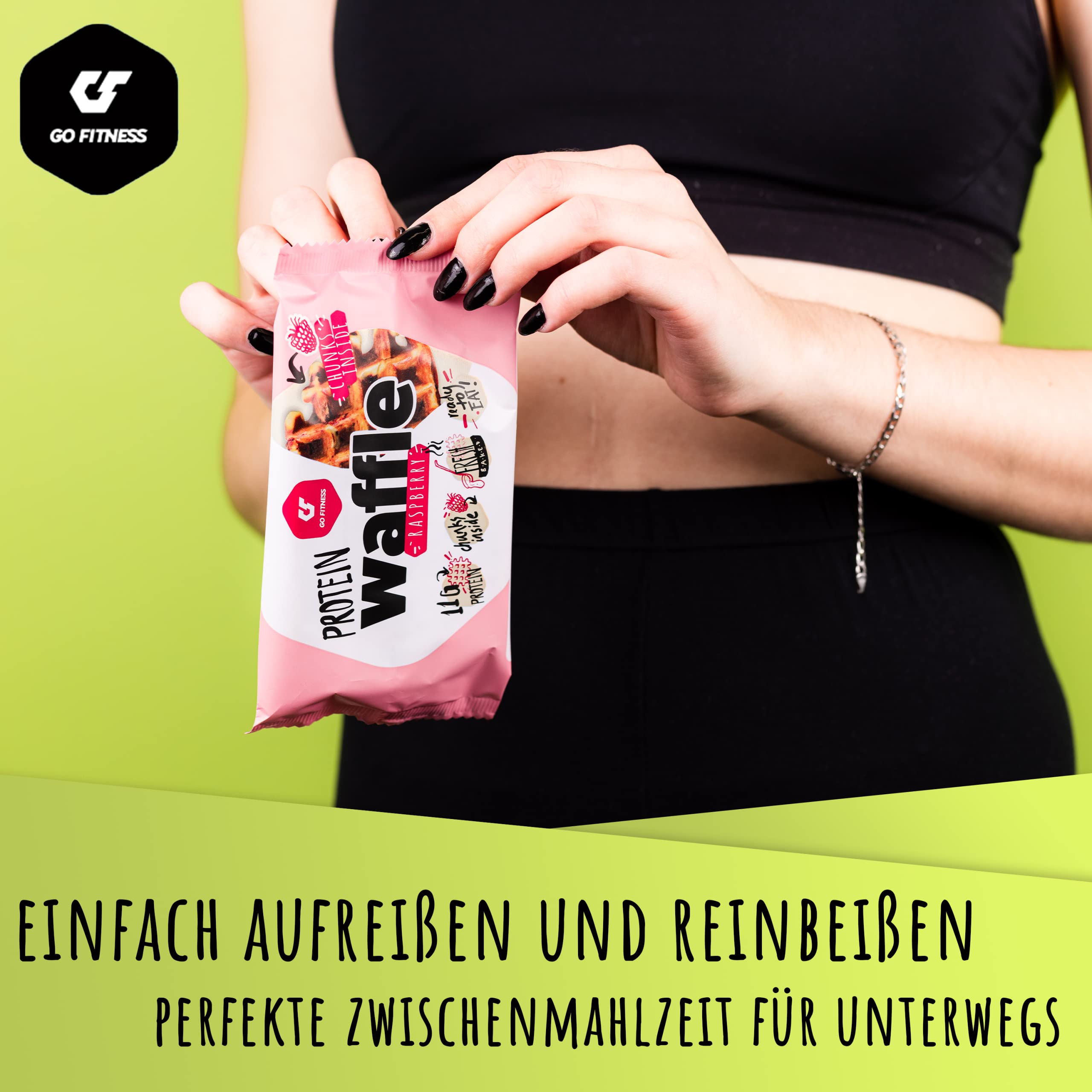 NEUE REZEPTUR - Go Fitness – [12x 50g] High Protein Waffeln – Himbeere - Waffeln extrem lecker und frisch gebacken - gesunde Energieriegel zum Muskelaufbau - Eiweißriegel 11g Protein