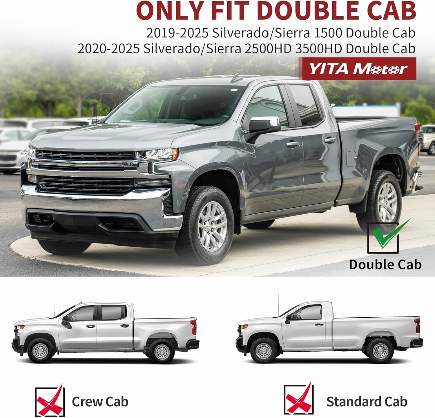 Diagram showing compatible Double Cab and incompatible Crew Cab and Standard Cab truck types