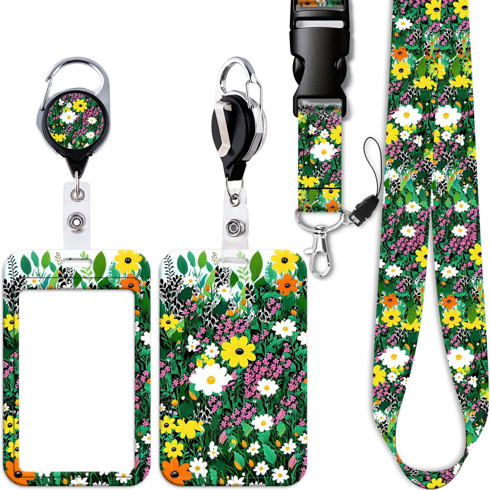 Flowers Lanyard with Card Holder Work School Retractable Heavy Duty Badge Holder Reel Clip Breakaway Cute Neck Keychian Lanyard for Keys ID Badge for Women Teens Girls Teachers Nurses Staff
