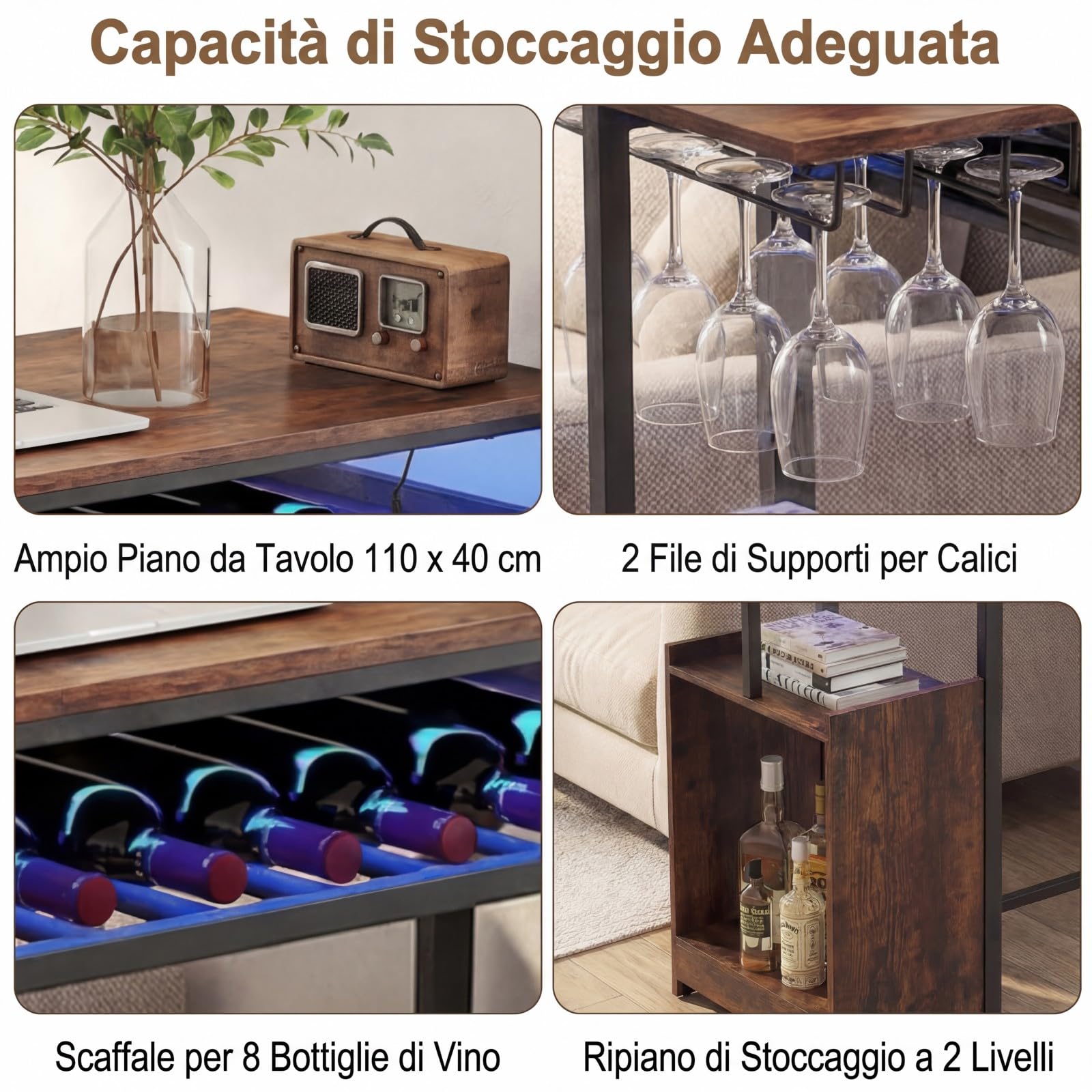 COSTWAY Tavolo da Bar con Luce Regolabile, Tavolino Alto con Stazione di Ricarica, Portabottiglie e Portabicchieri, Tavolino da Cucina per Soggiorno e Sala da Pranzo, 110 x 40 x 92 cm