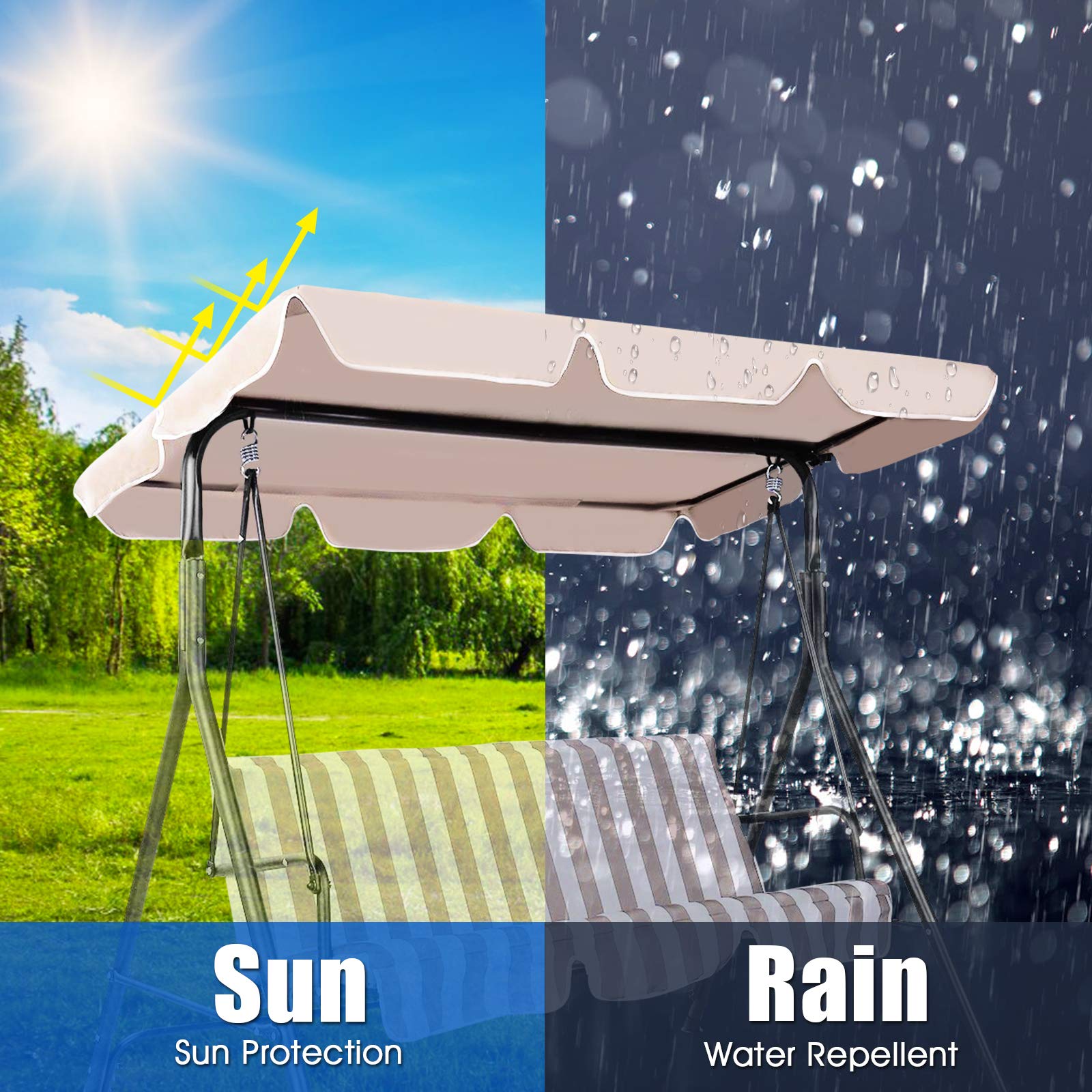RELAX4LIFE Tettuccio Parasole Universale da 2 Posti, Tetto di Ricambio per Dondolo, Altalena da Esterno, Tettuccio Impermeabile Protezione Solare UV da Giardino, Terrazzo (Beige, 191 x 132 cm)