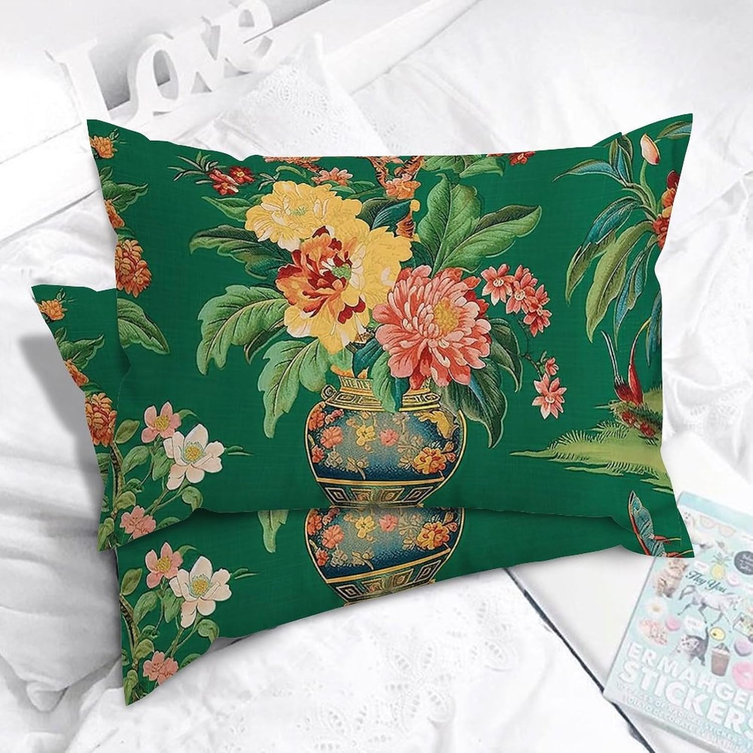 Chinoiserie Throw Pillow Case Ming Vase Green Lumbar Pillow Cover Set of 2 Oriental Decorative Pillow Home Cotton Linen 20x30in Vintage Square Cushion Cover for Sofa Bed Office Couch Chair
