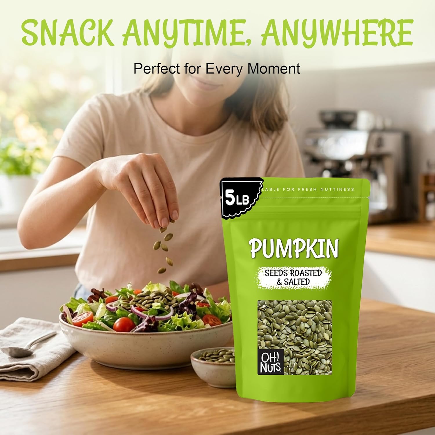 Oh! Nuts Pumpkin Seed Roasted & Salted - 5 lb Bulk Bag - No Shell Pumpkin Seeds - Roasted Seeds - Pepitas Snack Packed Fresh