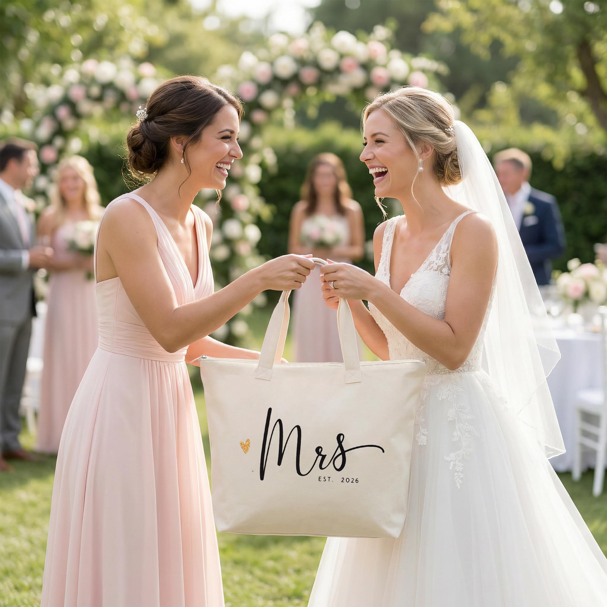 CARAKNOTS Mrs Tote Bag for Bride 2026 – Large Natural Canvas Wedding Tote with Zipper & Pocket, Future Mrs & Bride to Be Gifts for Bridal Shower, Engagement, Bachelorette Party, Honeymoon Beach Bag
